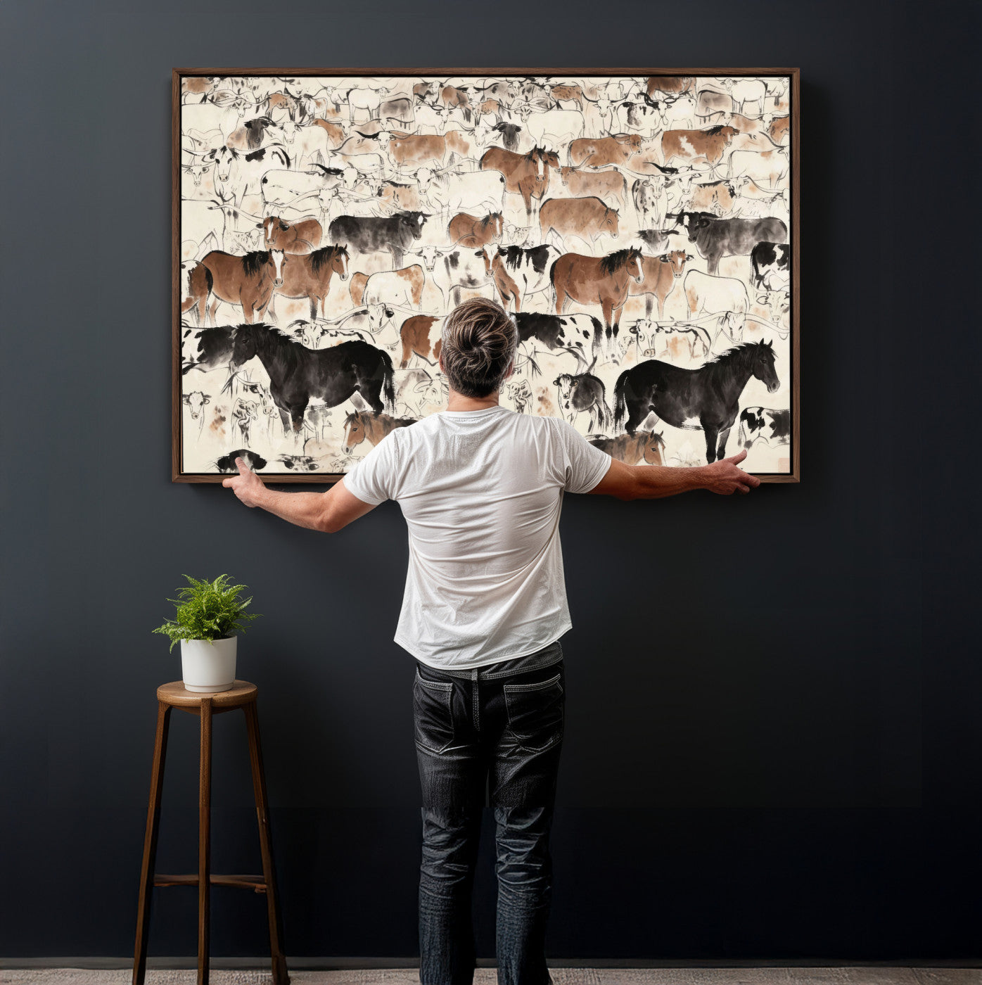 74171578-MGV-CV-36X24 - Farmhouse Animals Wall Art Canvas Print - Abstract Farm Animal Drawing Mid-Century Wall Art for Cabin Decor
