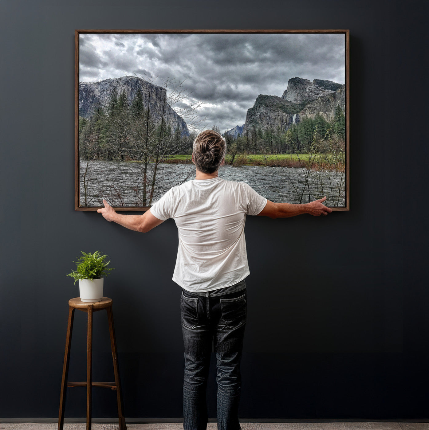 75582552-MGV-CV-36X24 - Yosemite Valley River Landscape Wall Art Canvas Print, Granite Cliffs Forest River Canvas Print, California National Park Moody Scenic Art Printi