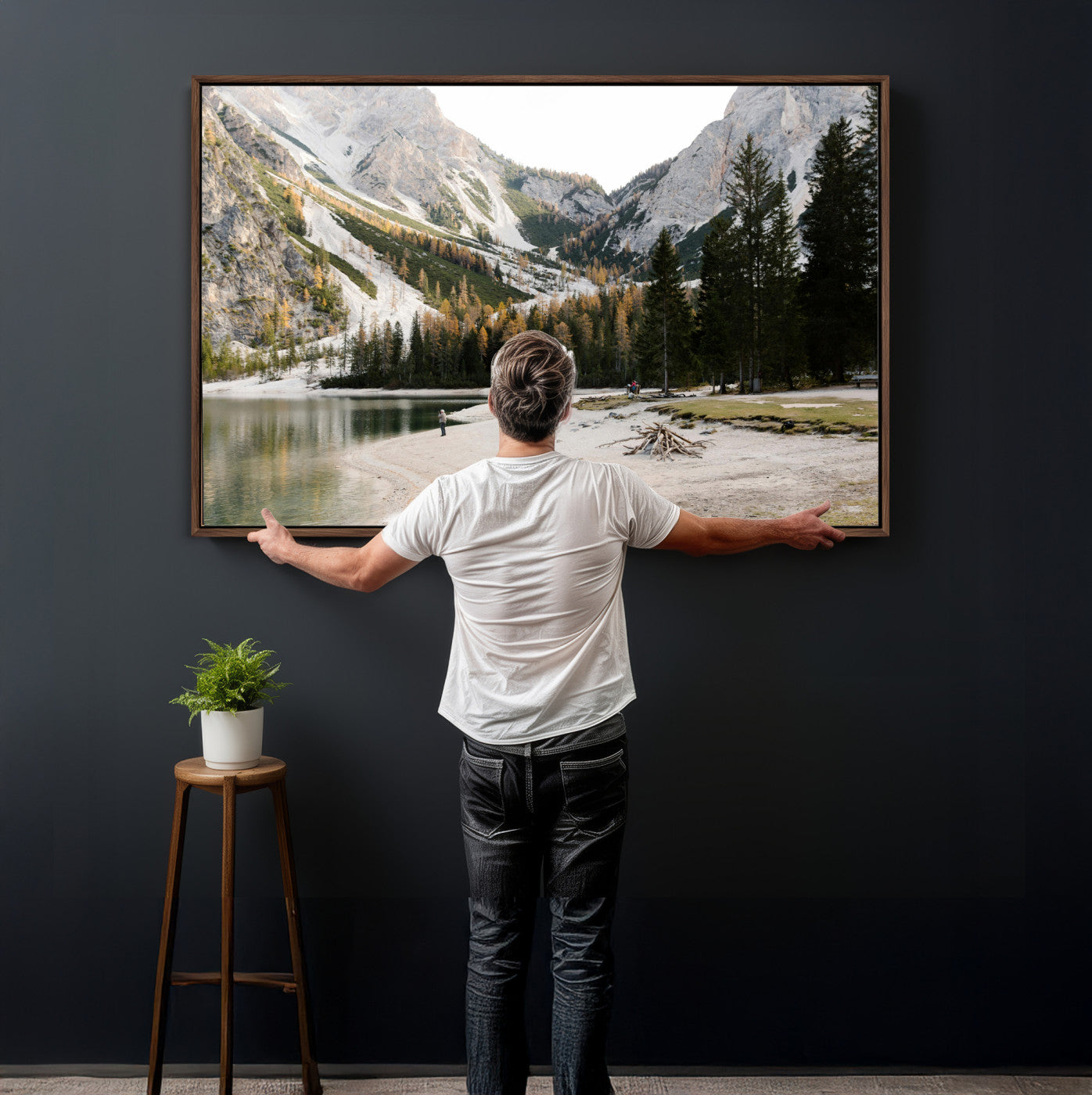 89246758-MGV-CV-36X24 - Lake Braies Alpine Landscape Wall Art Canvas Print, Dolomites Mountain Lake Forest Canvas Print, Italian Alps Scenic Nature Art Printing