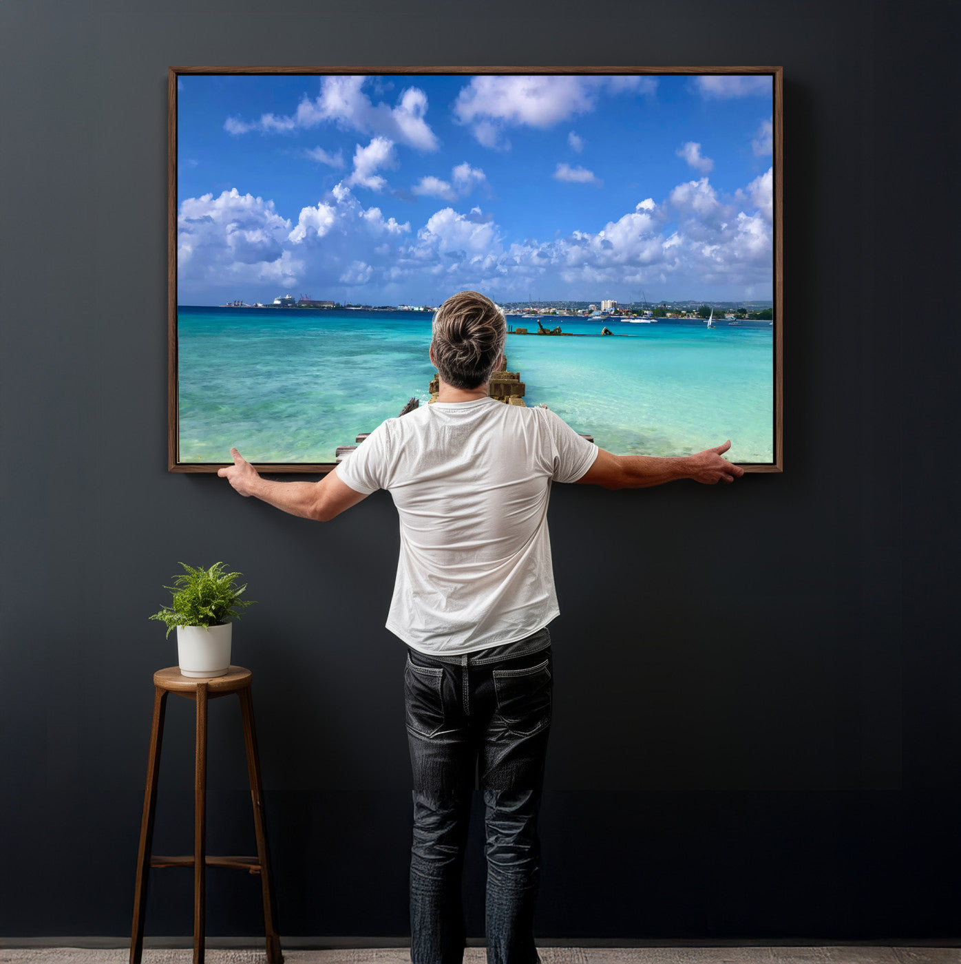 43165024-MGV-CV-36X24 - Caribbean Ocean Pier Seascape Wall Art Canvas Print, Turquoise Sea Tropical Harbor Canvas Print, Island Coastal Blue Water Scenic Art Printing