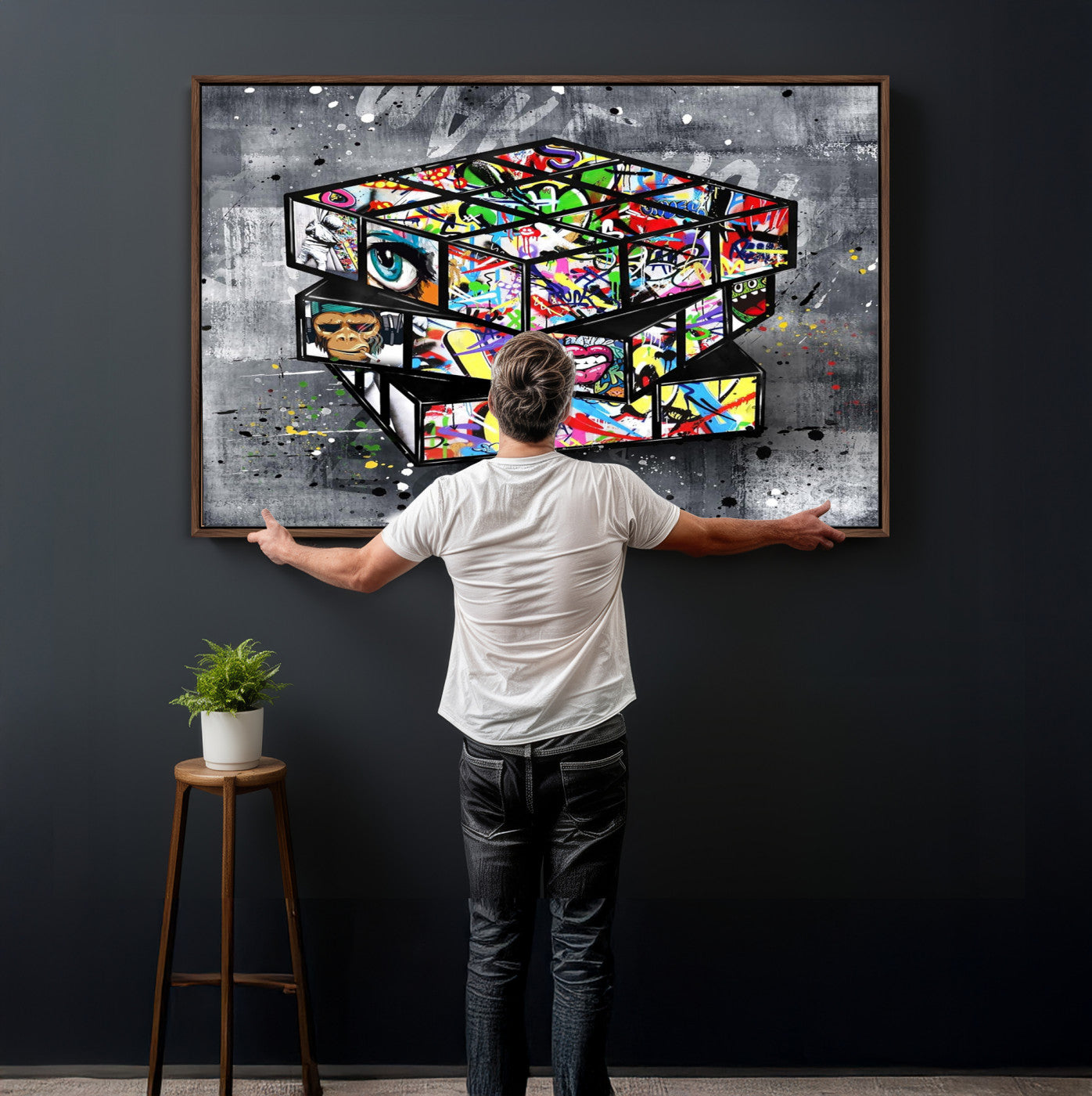 46789556-MGV-CV-36X24 - Graffiti Cube Abstract Street Art Wall Art Canvas Print, Colorful Urban Pop Art Geometric Canvas Print, Modern Street Art Contemporary Art Printing