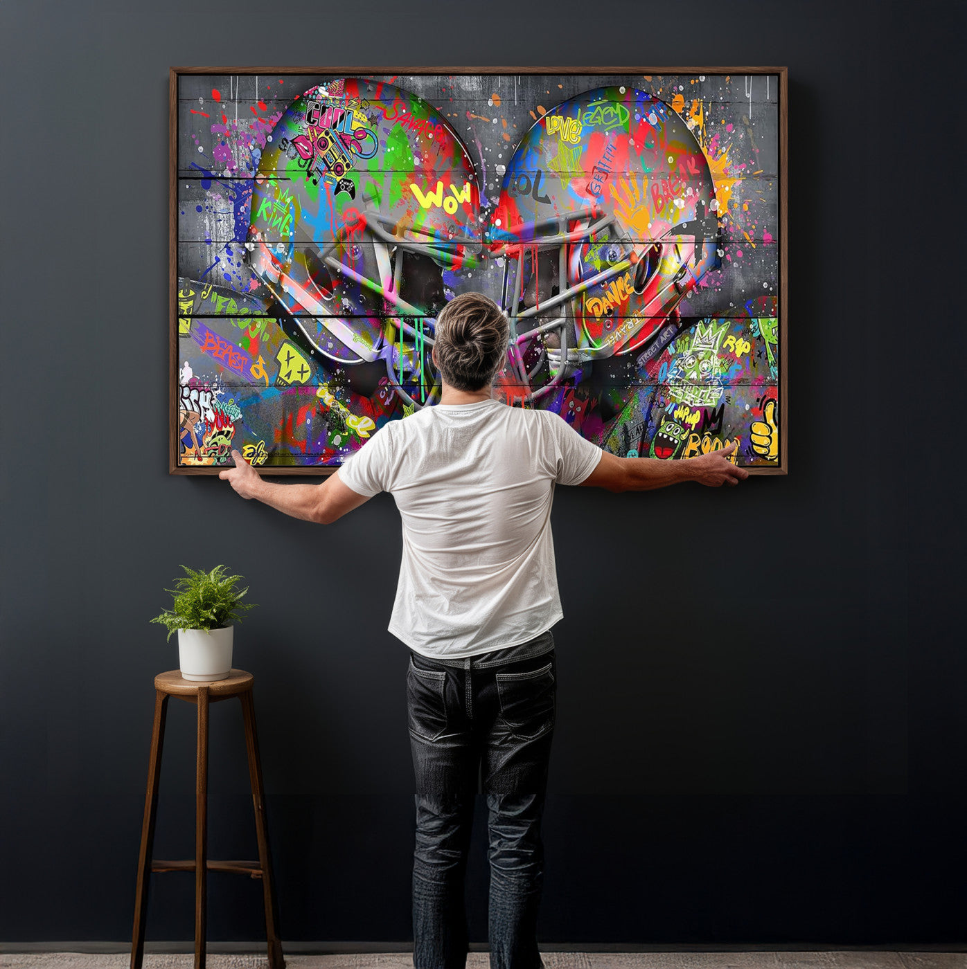 15309853-MGV-CV-36X24 - Graffiti Football Helmets Wall Art Canvas Print, Urban Street Art Sports Decor, Colorful American Football Graffiti Artwork