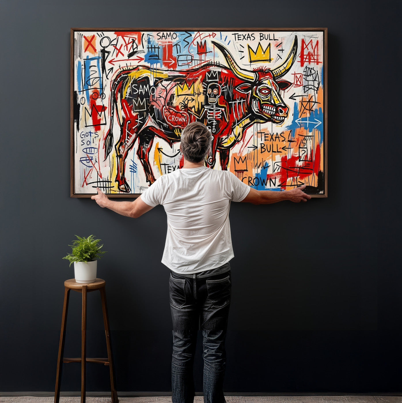 89504579-MGV-CV-36X24 - TITLE: Texas Bull Wall Art Canvas Print, Abstract Graffiti Bull Painting, Western Animal Art, Modern Ranch Decor