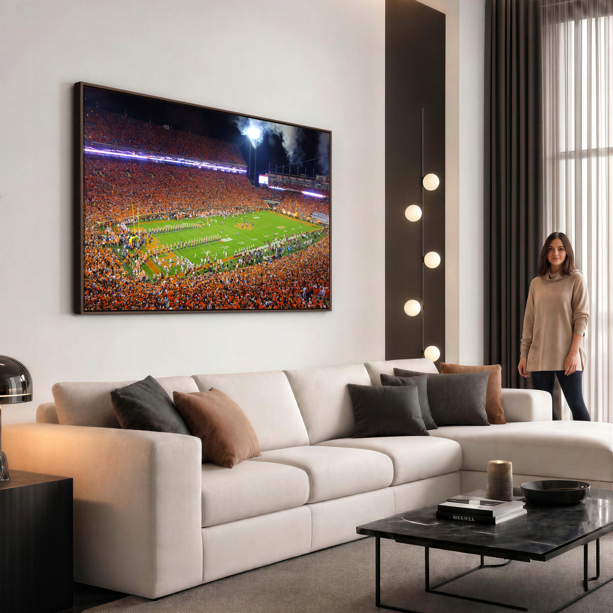 43662631-MGV-CV-36X24 - Clemson Football Stadium Wall Art Canvas Print, College Football Crowd Night Game Scene, Orange Stadium Panorama Wall Decor