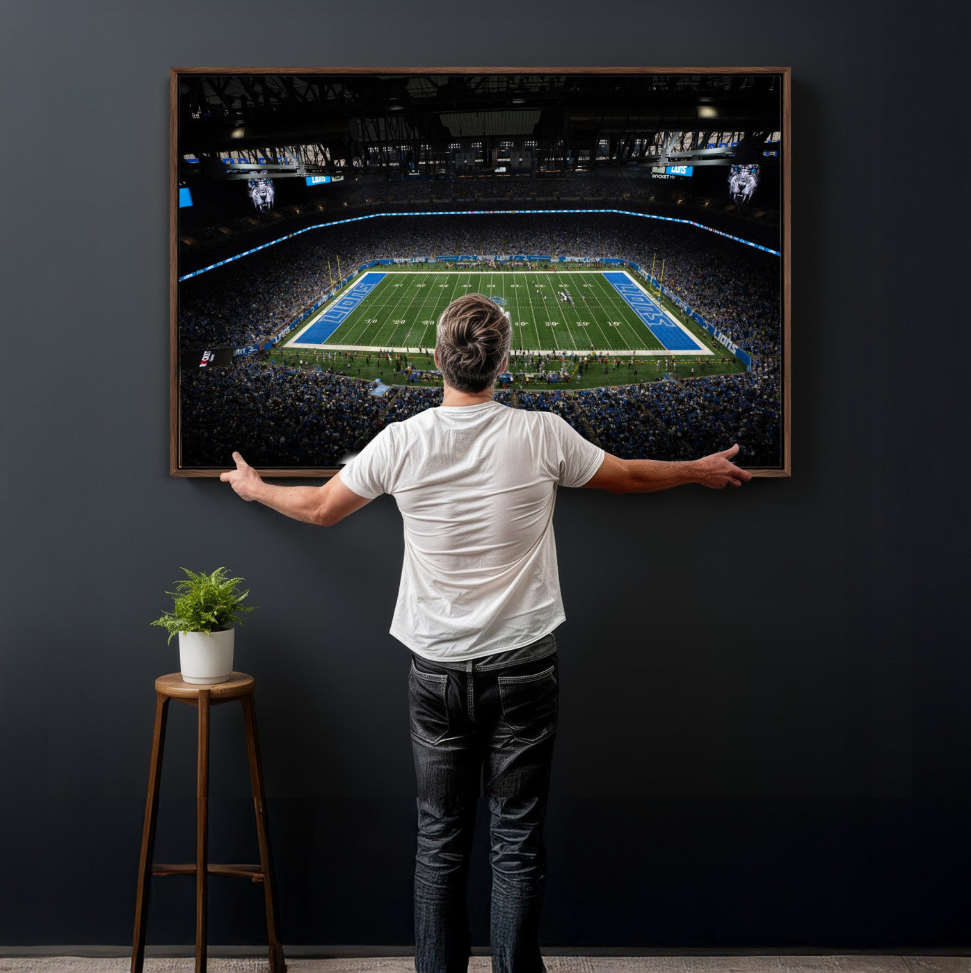 16709602-MGV-CV-36X24 - Detroit Lions Stadium Wall Art Canvas Print, Football Field Panorama Artwork, NFL Game Night Stadium Decor