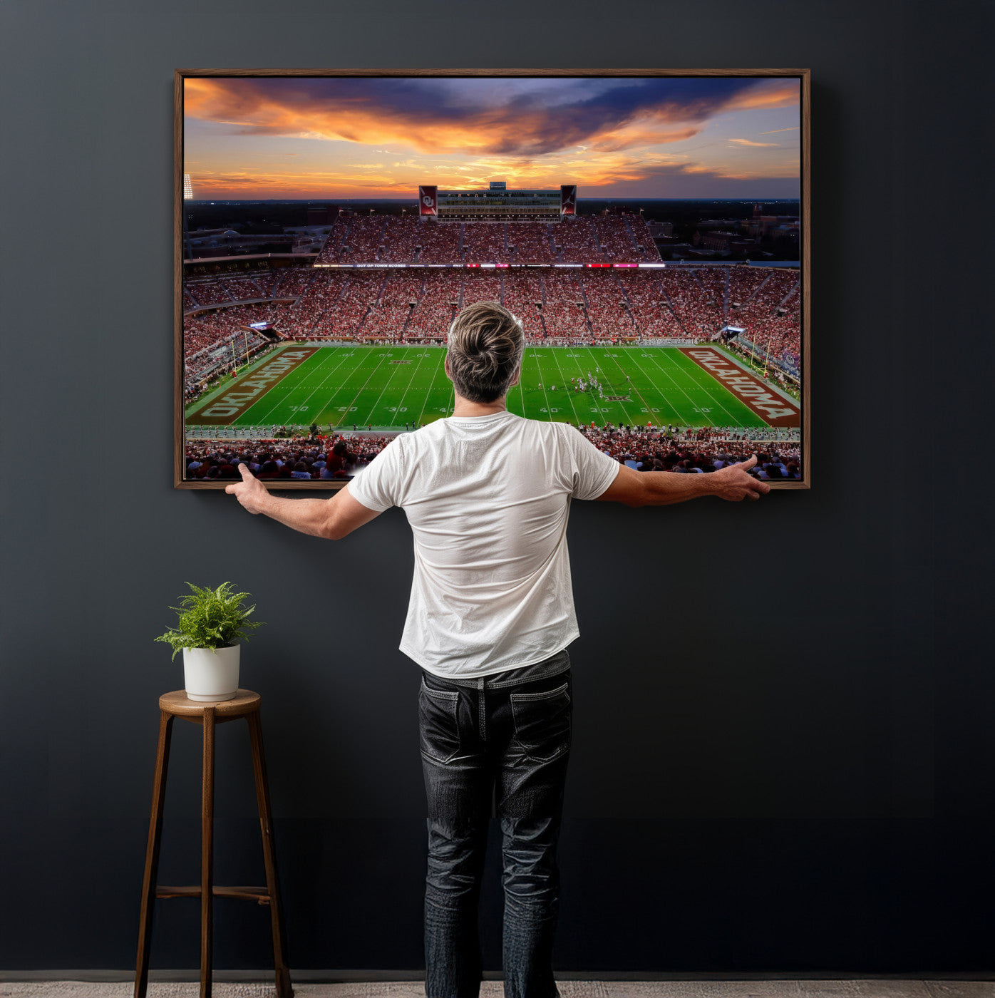 51457497-MGV-CV-36X24 - Oklahoma Sooners Stadium Wall Art Canvas Print, College Football Sunset Game Scene, OU Football Field Panorama Wall Decor