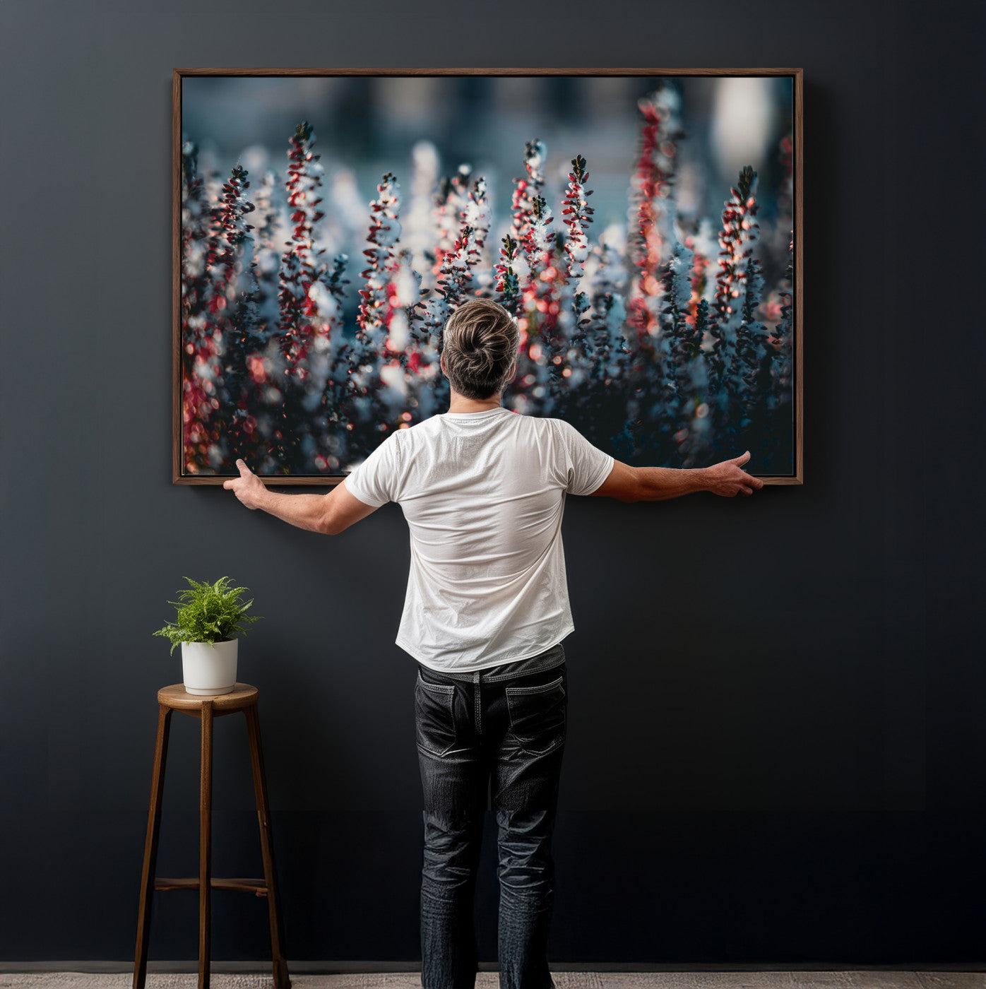 82063935-MGV-CV-36X24 - Winter Heather Wall Art Canvas Print, Frosted Floral Nature Art, Moody Botanical Wall Decor