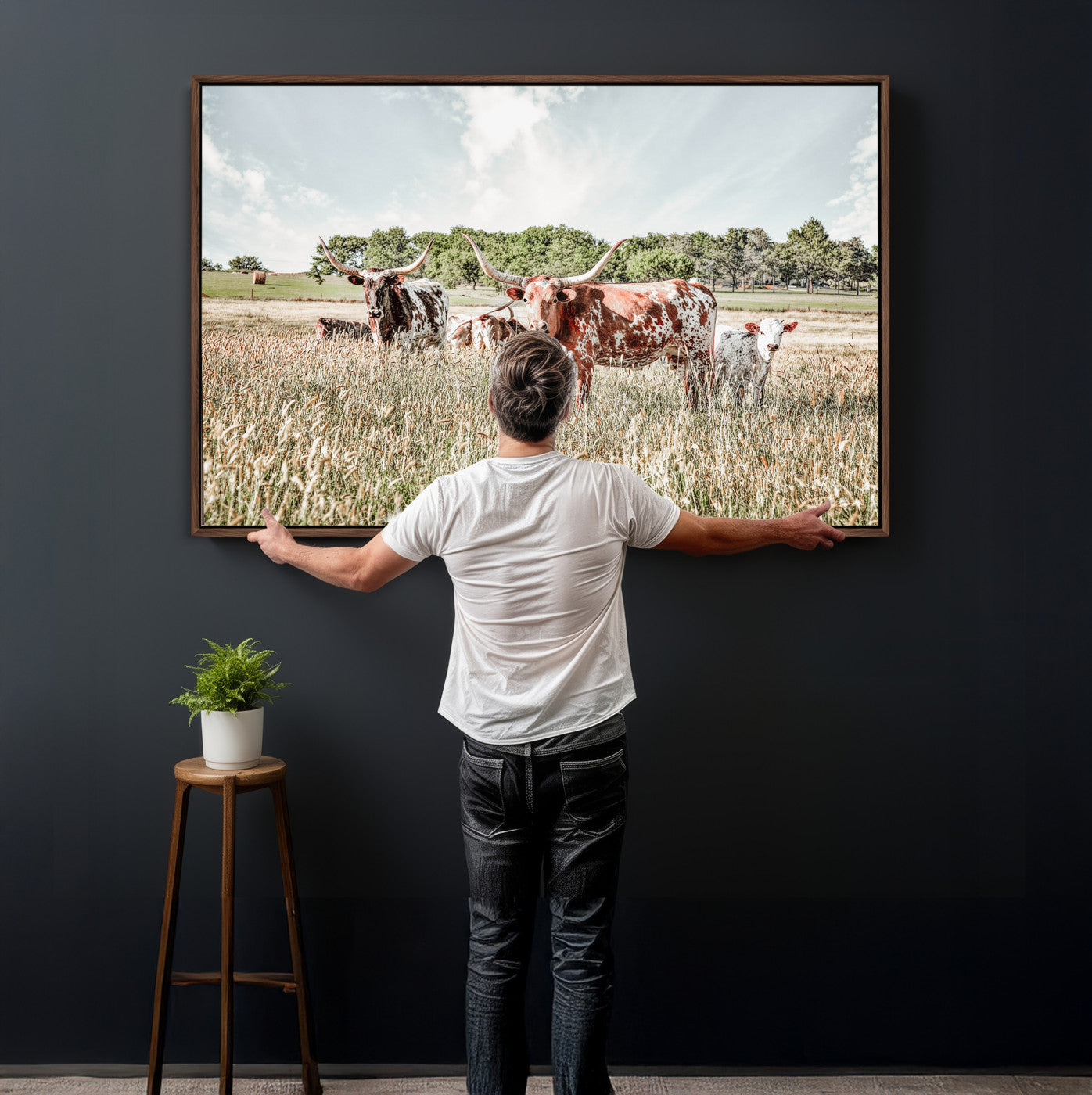 33963645-MGV-CV-36X24 - Texas Longhorn Cattle Wall Art Canvas Print, Western Ranch Landscape Nature Wall Decor for Living Room and Office