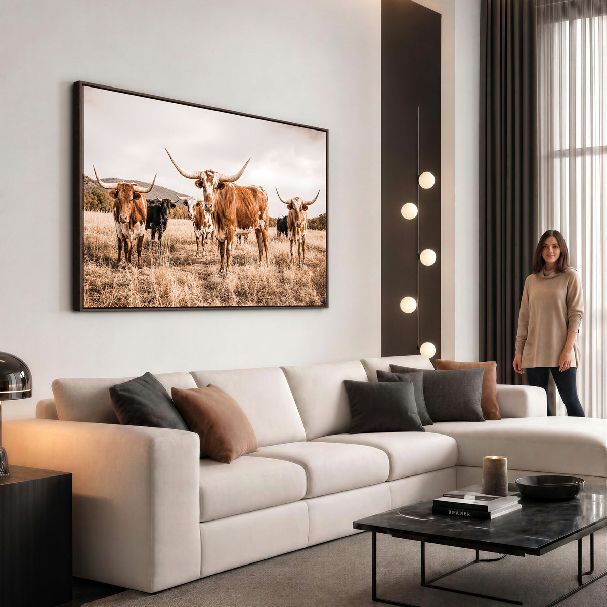 27539727-MGV-CV-36X24 - Texas Longhorn Cattle Wall Art Canvas Print, Sepia Western Decor
