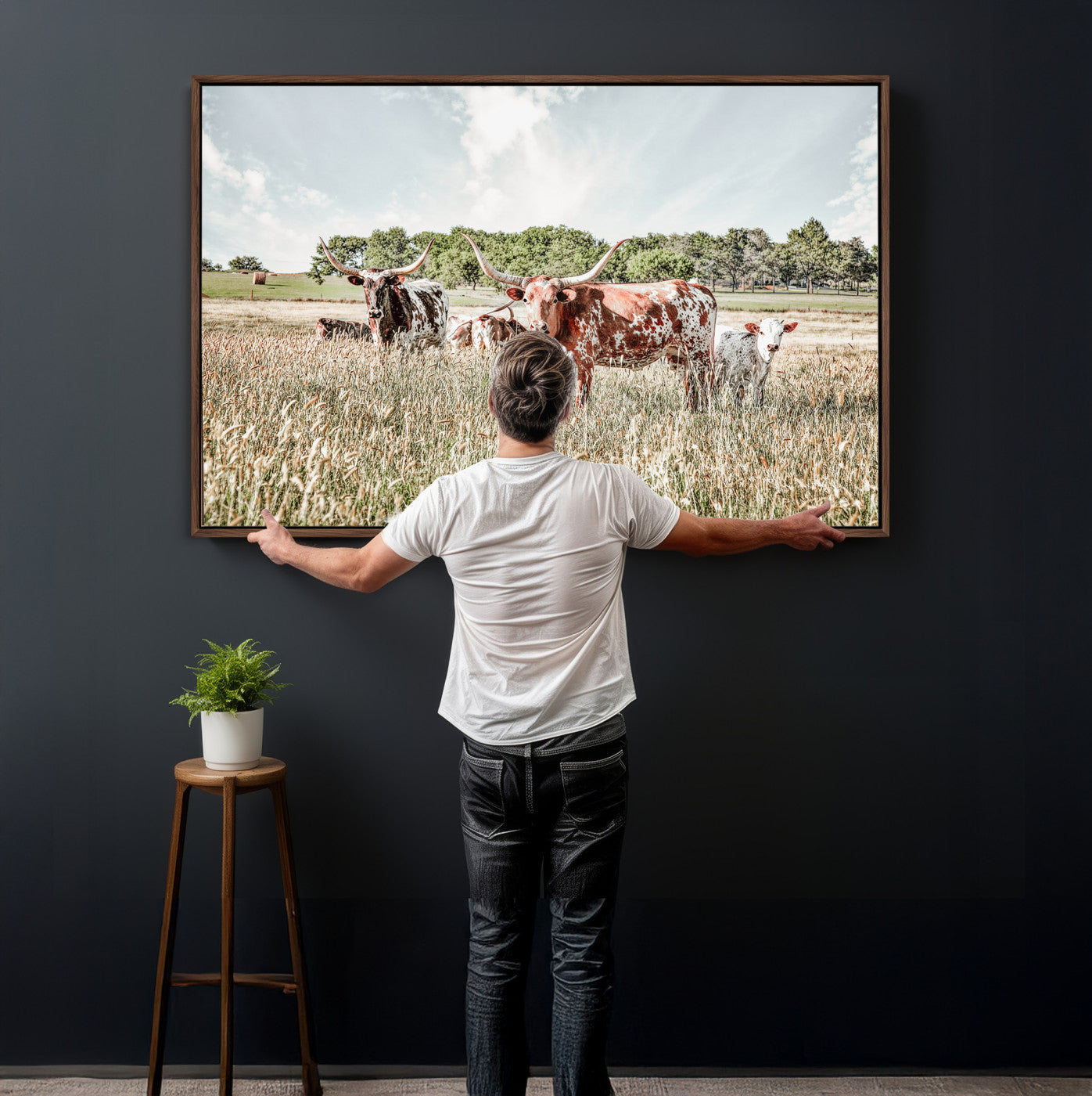 21823552-MGV-CV-36X24 - Texas Longhorn Cattle Wall Art Canvas Print, Rustic Ranch Landscape Artwork, Western Farm Field Scene, Country Prairie Animal Canvas Wall Art