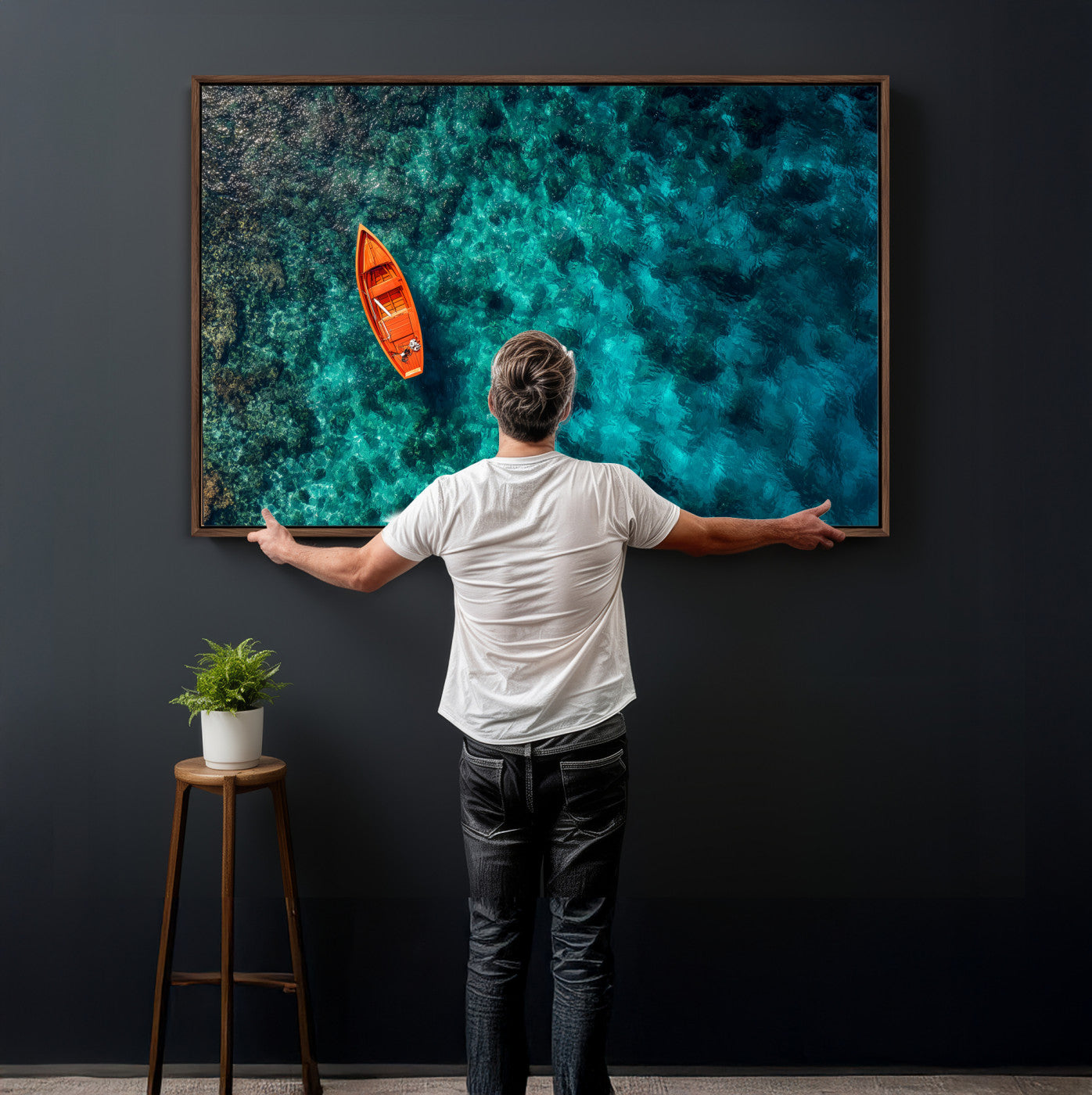 51638658-MGV-CV-36X24 - Turquoise Ocean Boat Wall Art Canvas Print, Aerial Sea Landscape Artwork, Minimal Coastal Water Scene, Modern Blue Ocean Canvas Wall Art Print