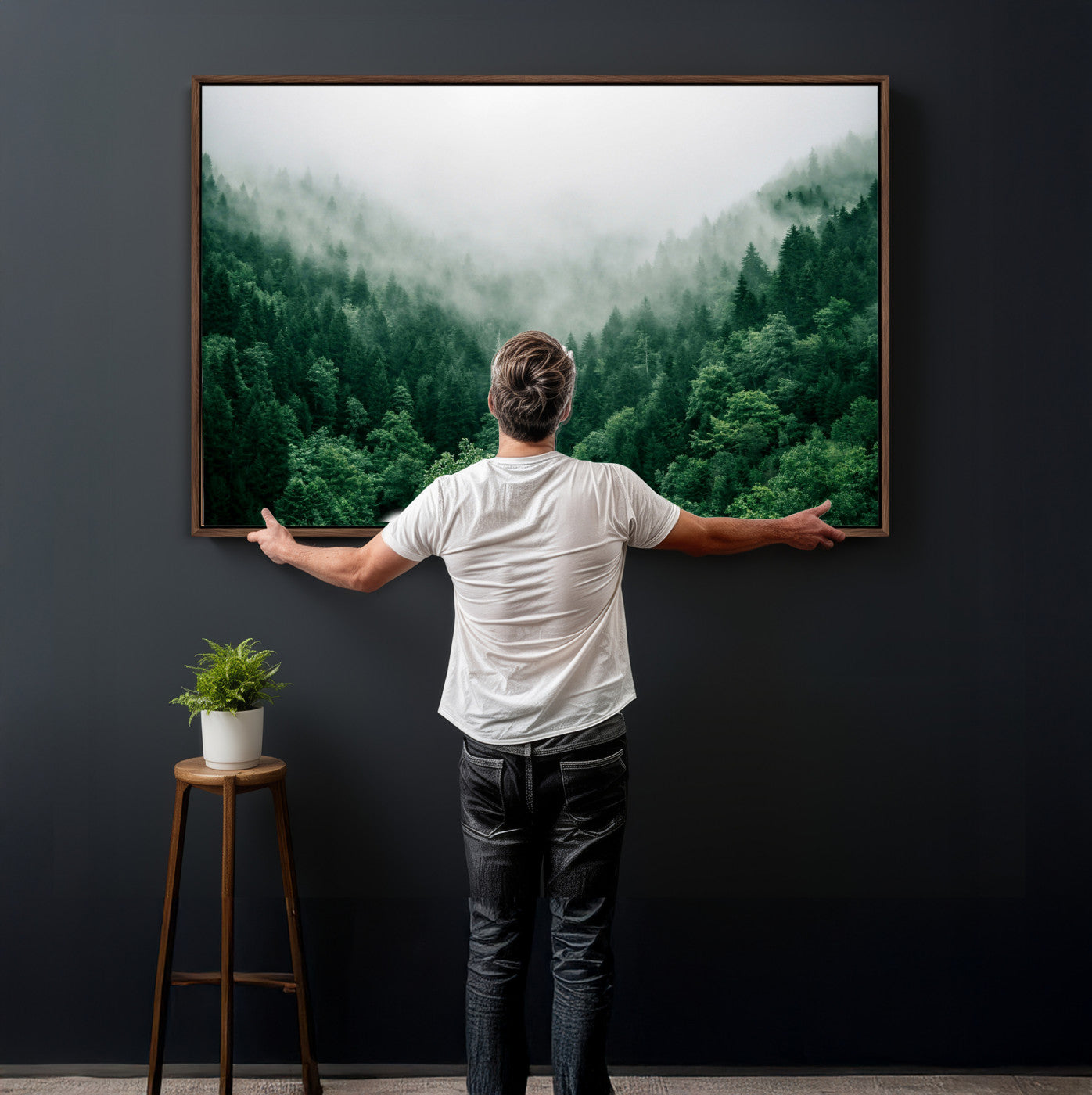 61640815-MGV-CV-36X24 - Misty Pine Forest Wall Art Canvas Print, Foggy Evergreen Landscape Wall Decor, Moody Green Nature Artwork, Minimal Forest Canvas Wall Art, Framed Canvas Wall Art Ready to Hang