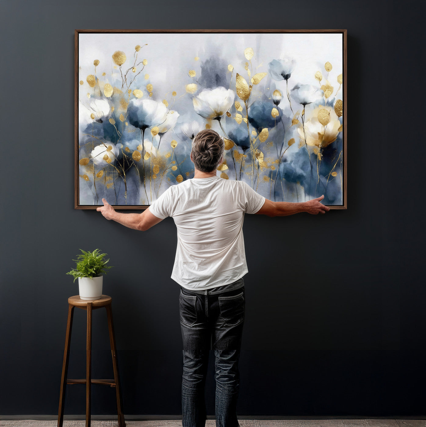 84358857-MGV-CV-36X24 - Large Abstract Flowers Wall Art Canvas Print – Gold and Blue Botanical Artwork for Living Room, Bedroom, and Office Decor