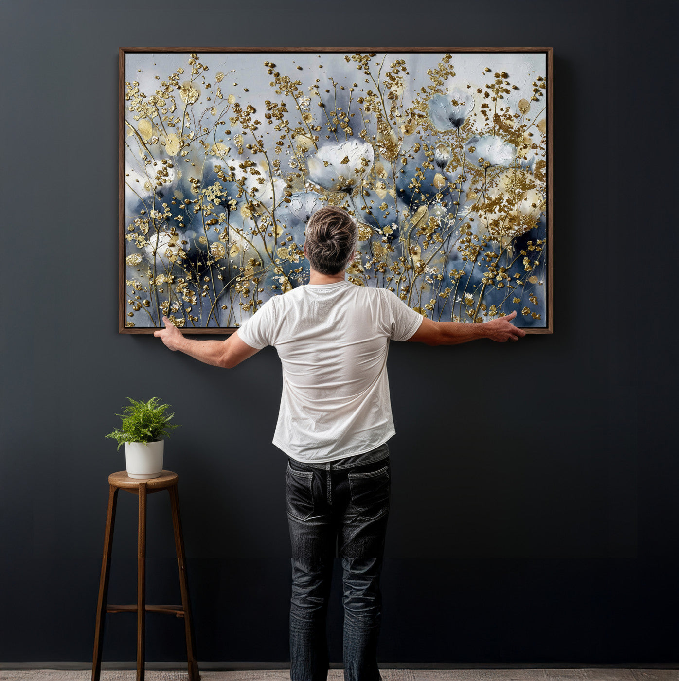 24499670-MGV-CV-36X24 - Abstract Floral Wall Art Canvas Print – Gold and Blue Botanical Artwork for Living Room, Bedroom, and Office Decor