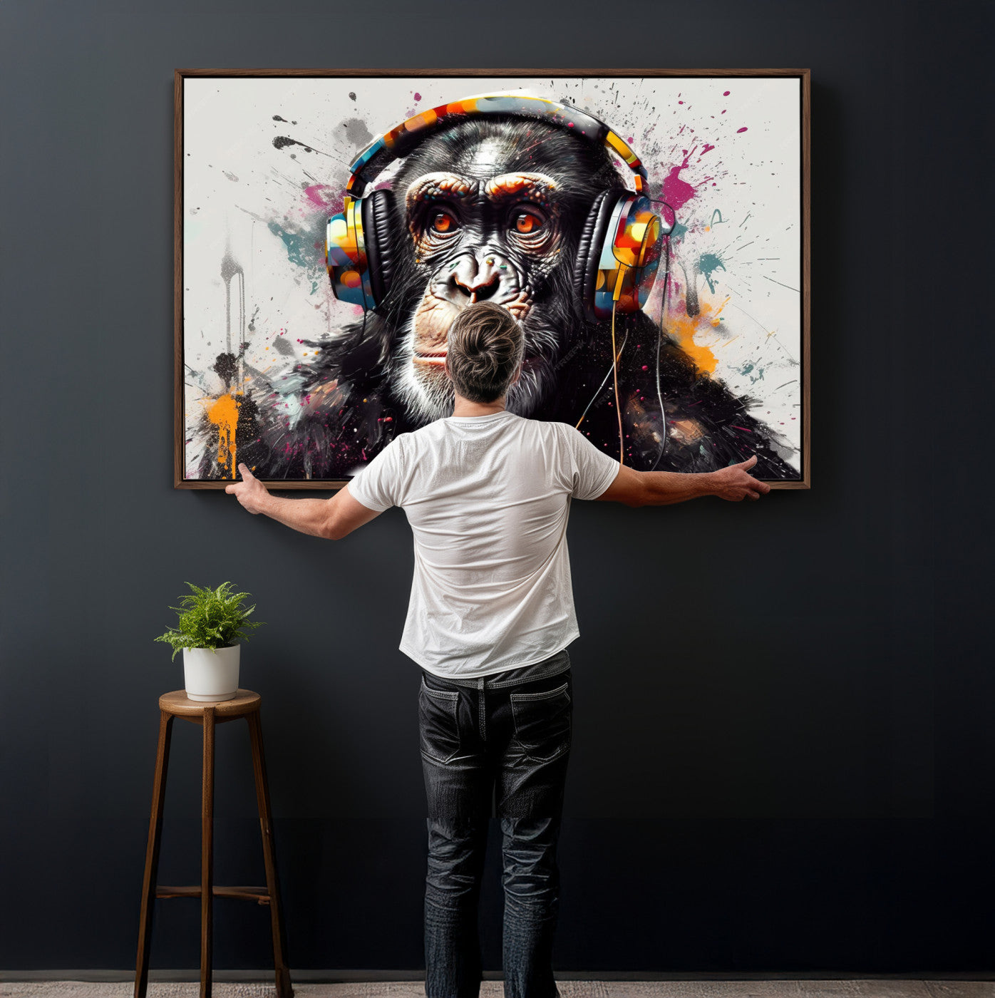 31244985-MGV-CV-36X24 - Dj Monkey Wall Art Canvas Print – Colorful Pop Art Banksy Graffiti Chimpanzee Print
