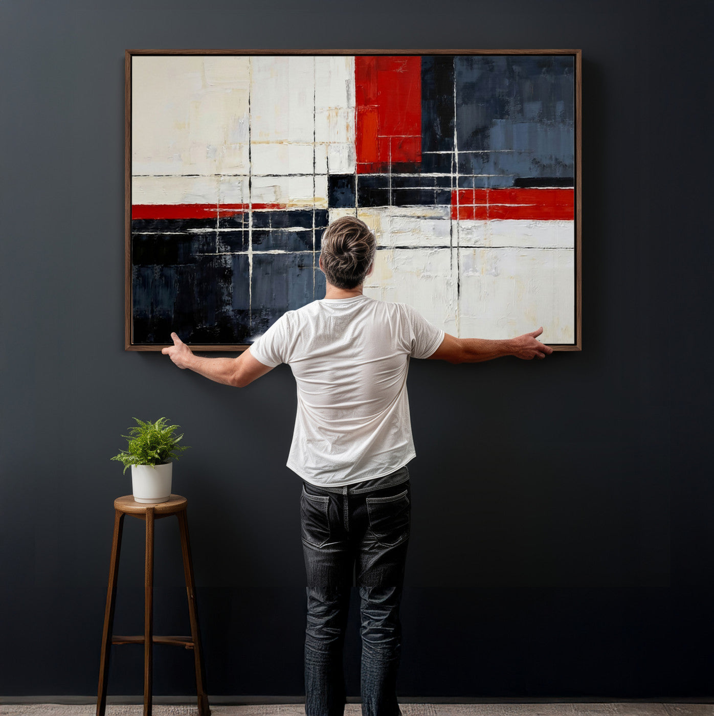 44088165-MGV-CV-36X24 - Navy Red Abstract Wall Art Canvas Print, Modern Luxury Geometric Painting Wall Decor for Living Room and Office