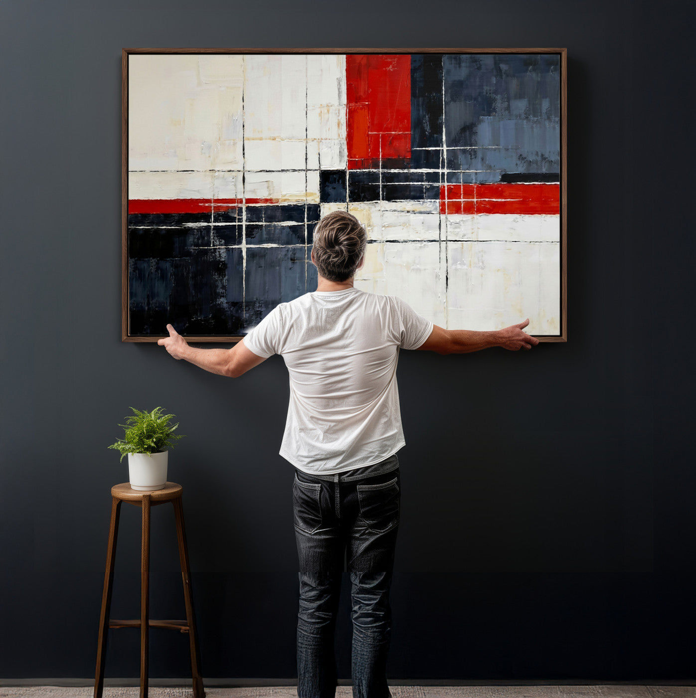 11921181-MGV-CV-36X24 - Navy Red Abstract Wall Art Canvas Print, Modern Luxury Geometric Painting Wall Decor for Living Room and Office