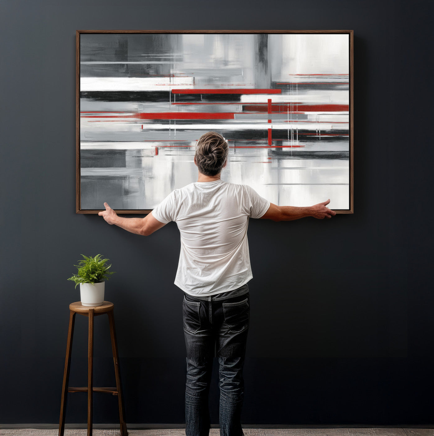 62640681-MGV-CV-36X24 - Gray Red Abstract Wall Art Canvas Print, Modern Abstract Canvas Wall Decor for Contemporary Living Room and Office