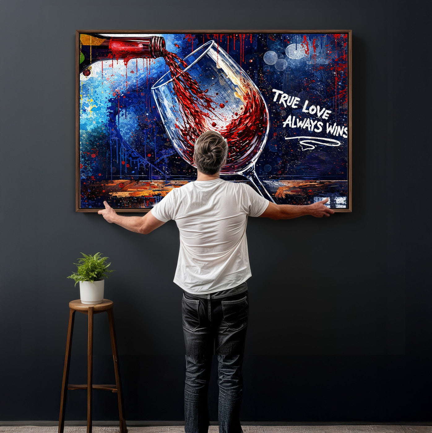 88788932-MGV-CV-36X24 - Red Wine Splash Abstract Wall Art Canvas Print, Modern Wine Glass Painting Canvas Print, Romantic Quote Contemporary Bar Art Print