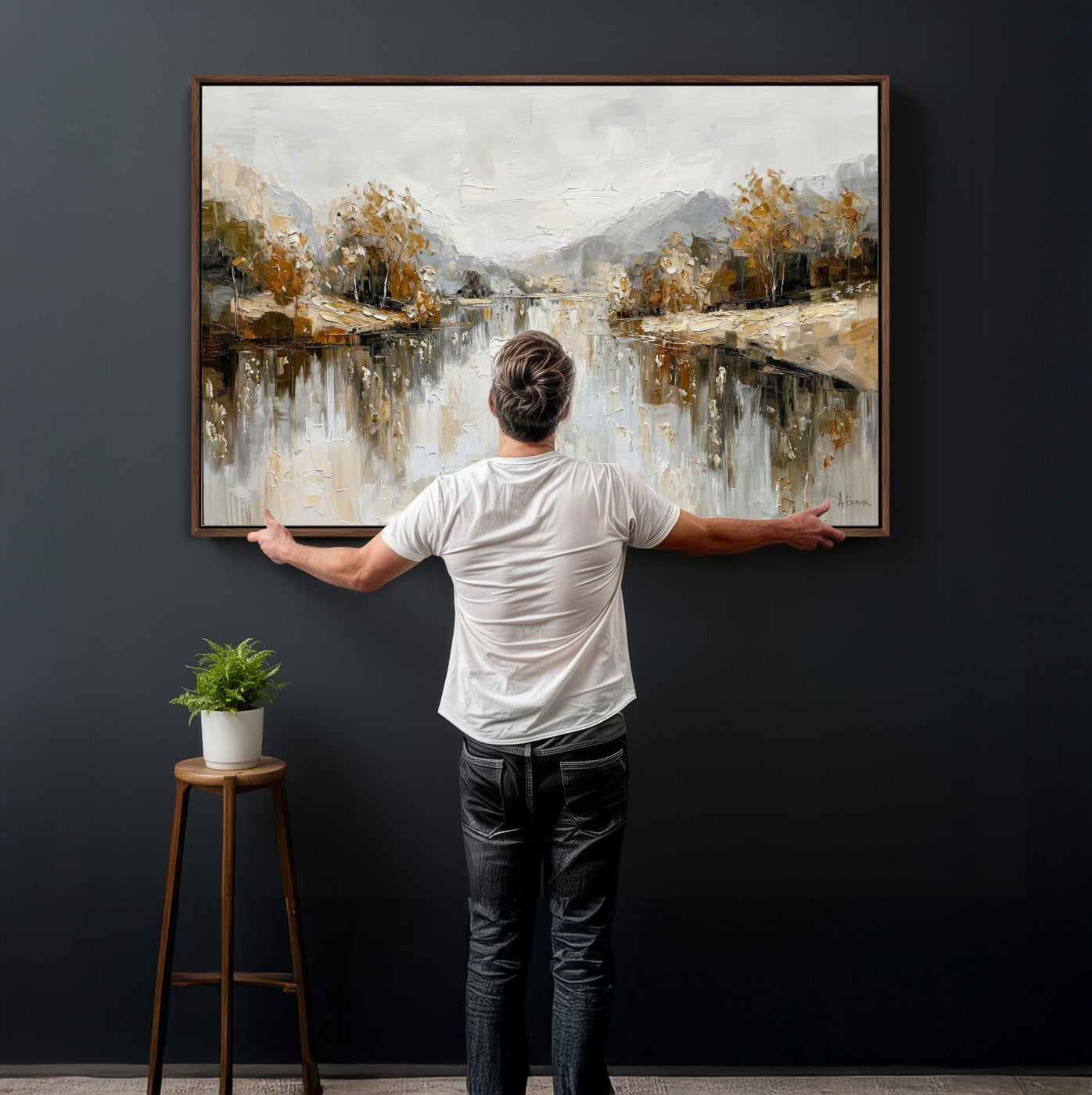 78227690-MGV-CV-36X24 - Neutral Abstract Lake Landscape Wall Art Canvas Print, Modern Minimal River Reflection Canvas Print, Beige Gray Contemporary Nature Art Printing