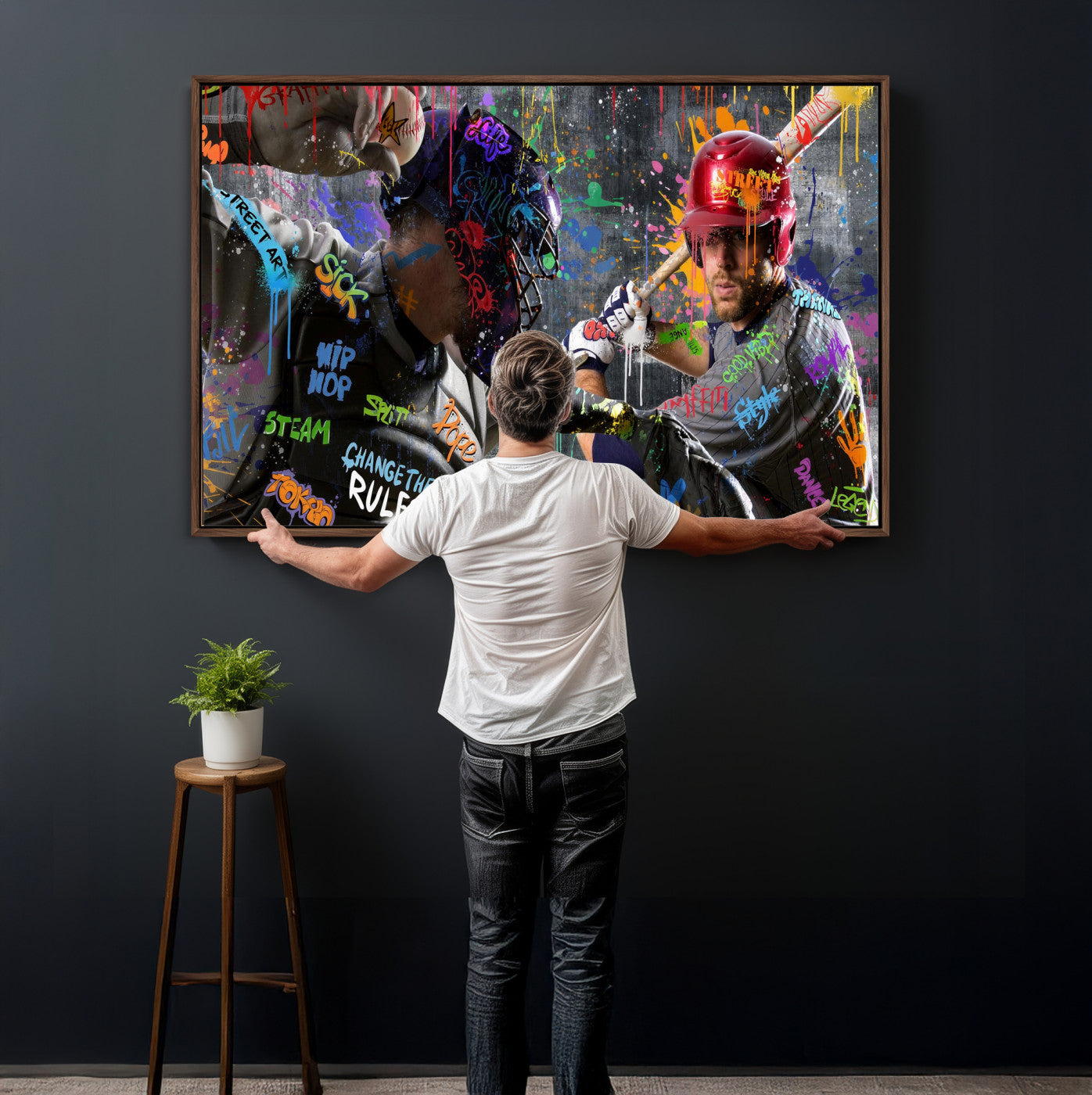 19634994-MGV-CV-36X24 - Graffiti Baseball Player Street Art Wall Art Canvas Print, Urban Sports Pop Art Baseball Canvas Print, Modern Athletic Graffiti Contemporary Art Printing