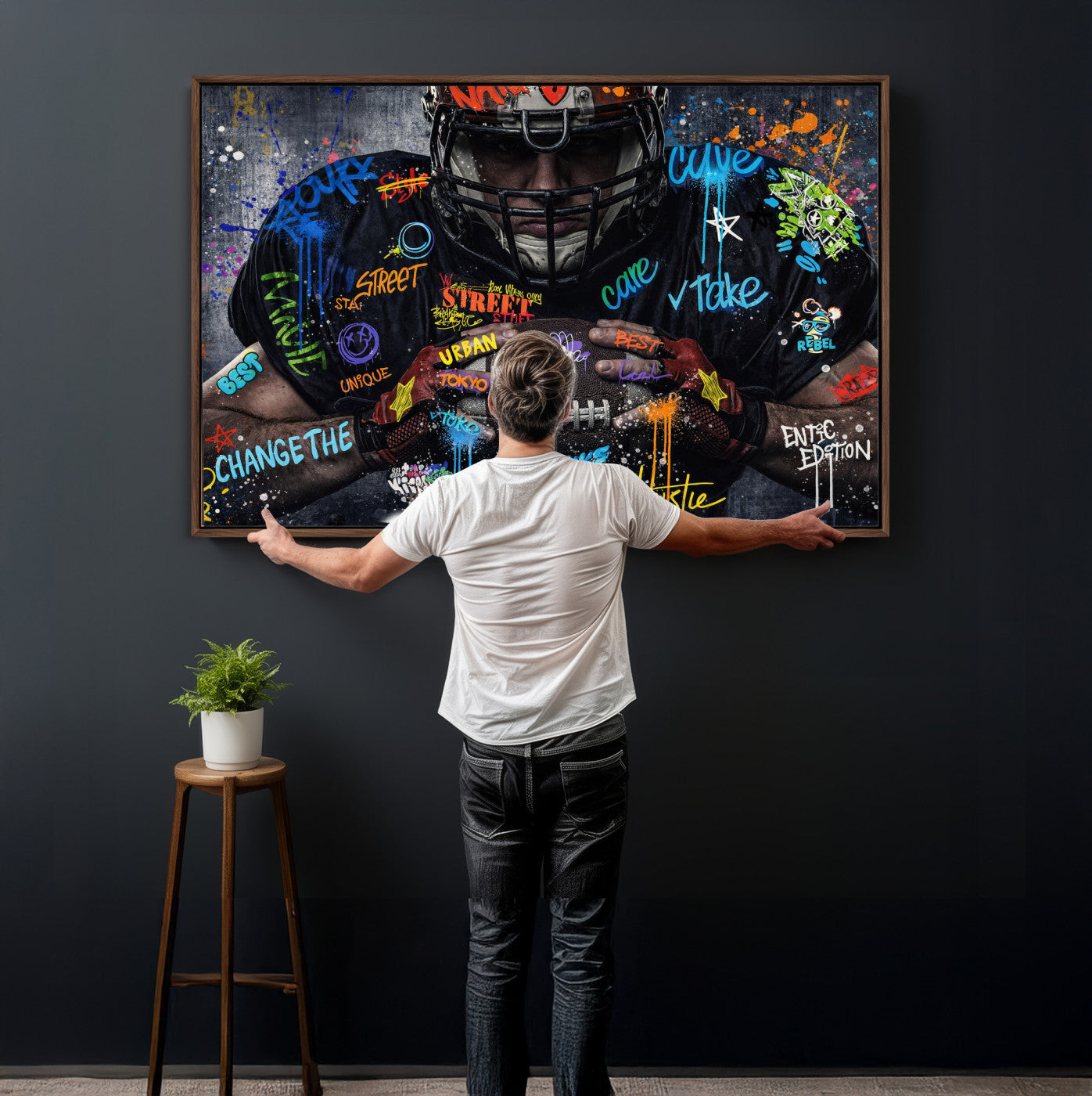 55267256-MGV-CV-36X24 - Graffiti American Football Player Street Art Wall Art Canvas Print, Urban Sports Pop Art Football Canvas Print, Modern Athletic Graffiti Contemporary Art Printing