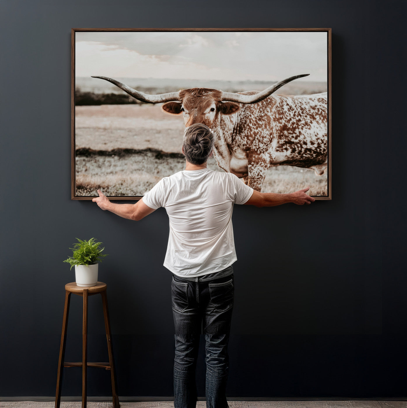 73897046-MGV-CV-36X24 - Texas Longhorn Bull Rustic Wall Art Canvas Print, Western Cattle Photography Canvas Print, Ranch Farm Animal Western Art Printing