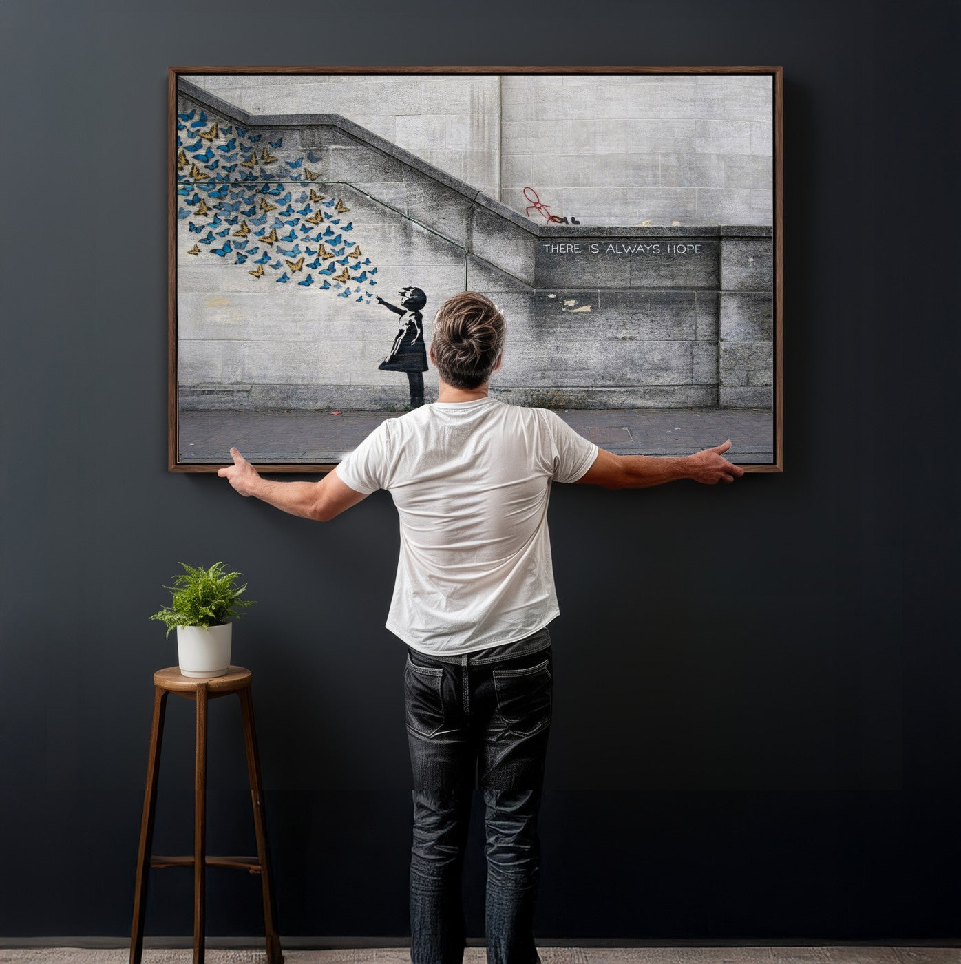 15274223-MGV-CV-36X24 - Banksy Girl with Butterflies Street Art Wall Art Canvas Print, Hope Graffiti Urban Art Canvas Print, Minimalist Inspirational Street Art Contemporary Art Printing