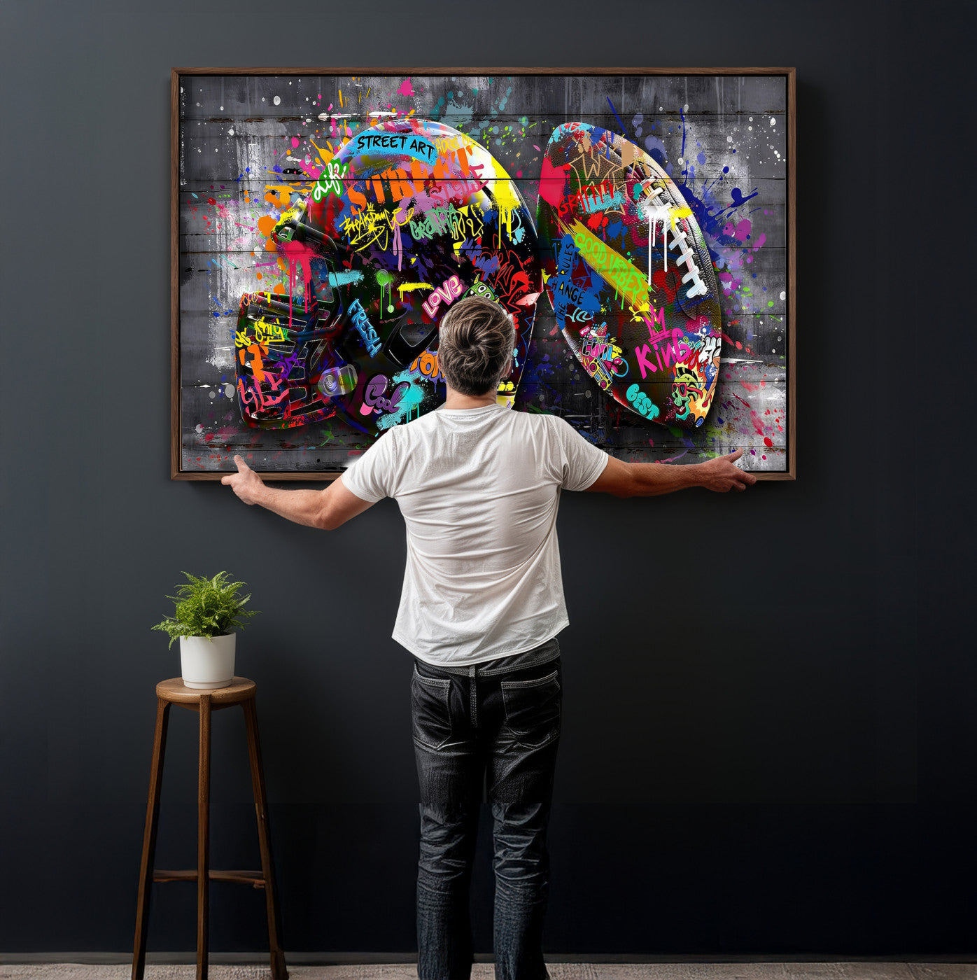 80540773-MGV-CV-36X24 - Graffiti American Football Helmet Street Art Wall Art Canvas Print, Urban Sports Pop Art Football Canvas Print, Colorful Graffiti Sports Contemporary Art Printing