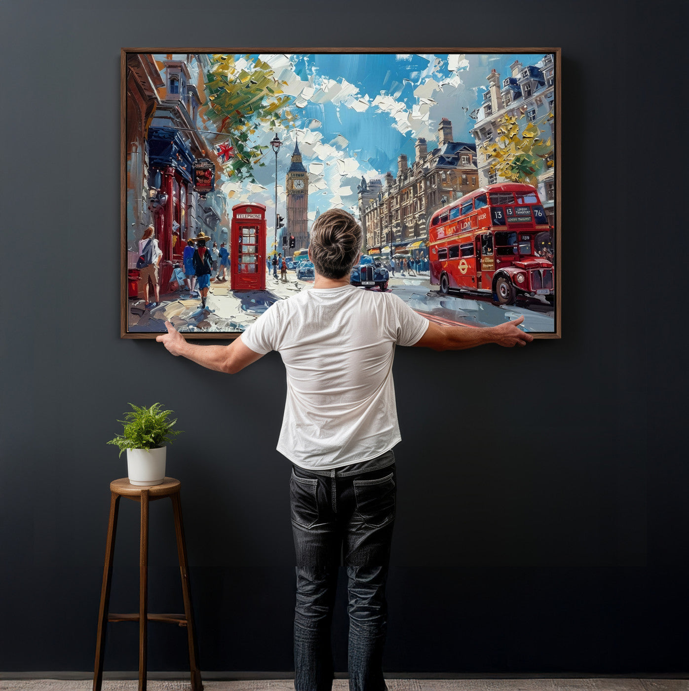 17630888-MGV-CV-36X24 - Modern London City Street Wall Art Canvas Print, Big Ben & Red Bus Artwork Canvas Print