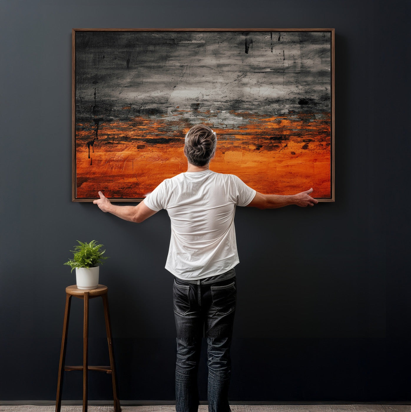 75409282-MGV-CV-36X24 - Black Orange Abstract Wall Art Canvas Print Modern Textured Painting Decor