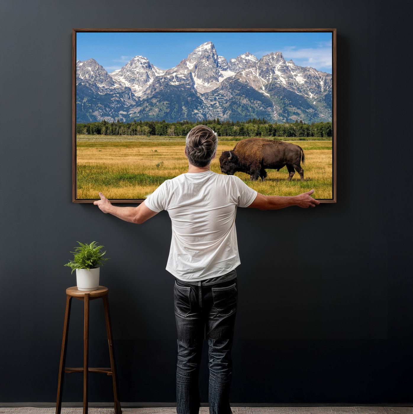 20424529-MGV-CV-36X24 - Bison in Mountain Landscape Wall Art Canvas Print – Western Wildlife Artwork for Rustic Living Room Decor