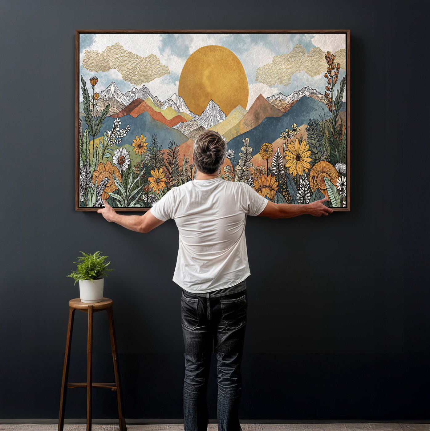 17540863-MGV-CV-36X24 - Boho Mountain Landscape Large Wall Art, Horizontal Gold Framed Canvas Print with Sun and Flowers