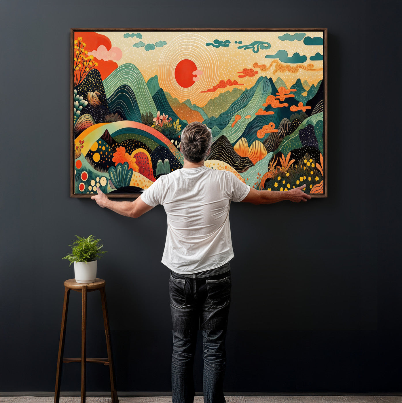 29927191-MGV-CV-36X24 - Yayoi Kusama Boho Mountain Landscape Large Wall Art, Horizontal Gold Framed Canvas Print with Sun and Flowers