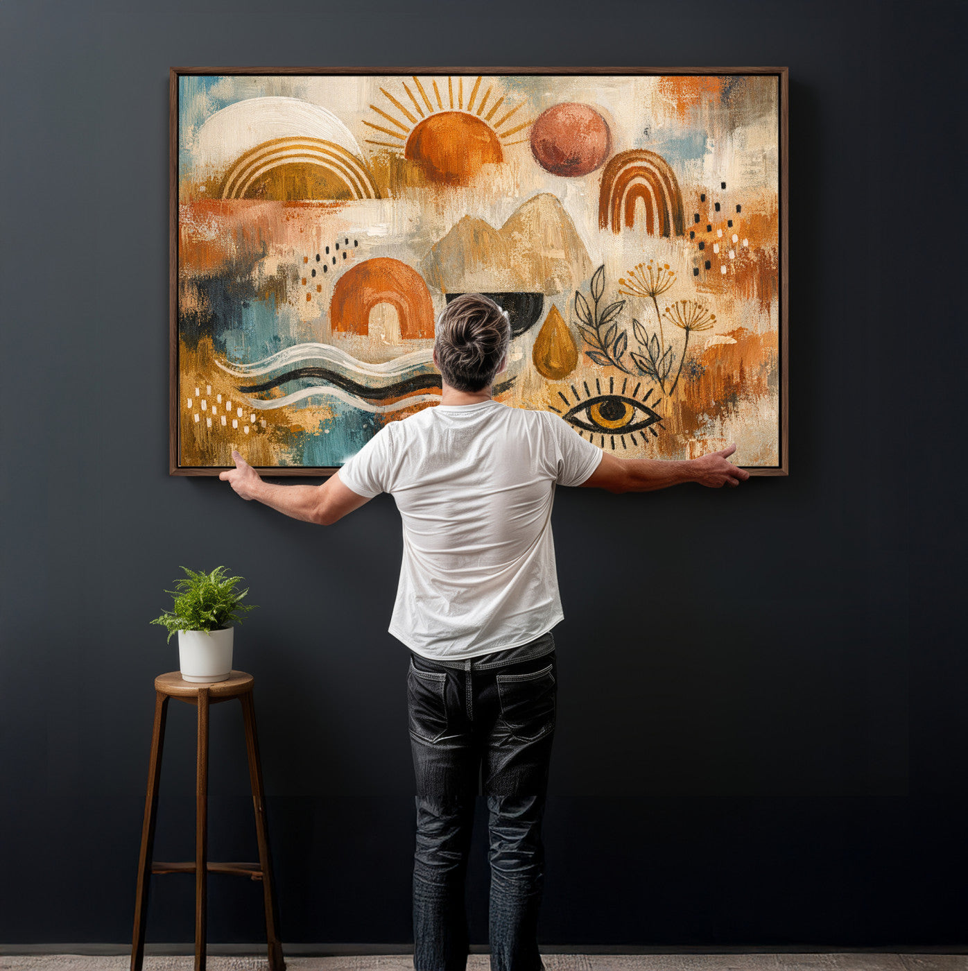 52155239-MGV-CV-36X24 - Geometric Boho Abstract Wall Art Canvas Print, Orange Blue Abstract Expressionist Painting Print, Modern Geometric Abstract Canvas Art