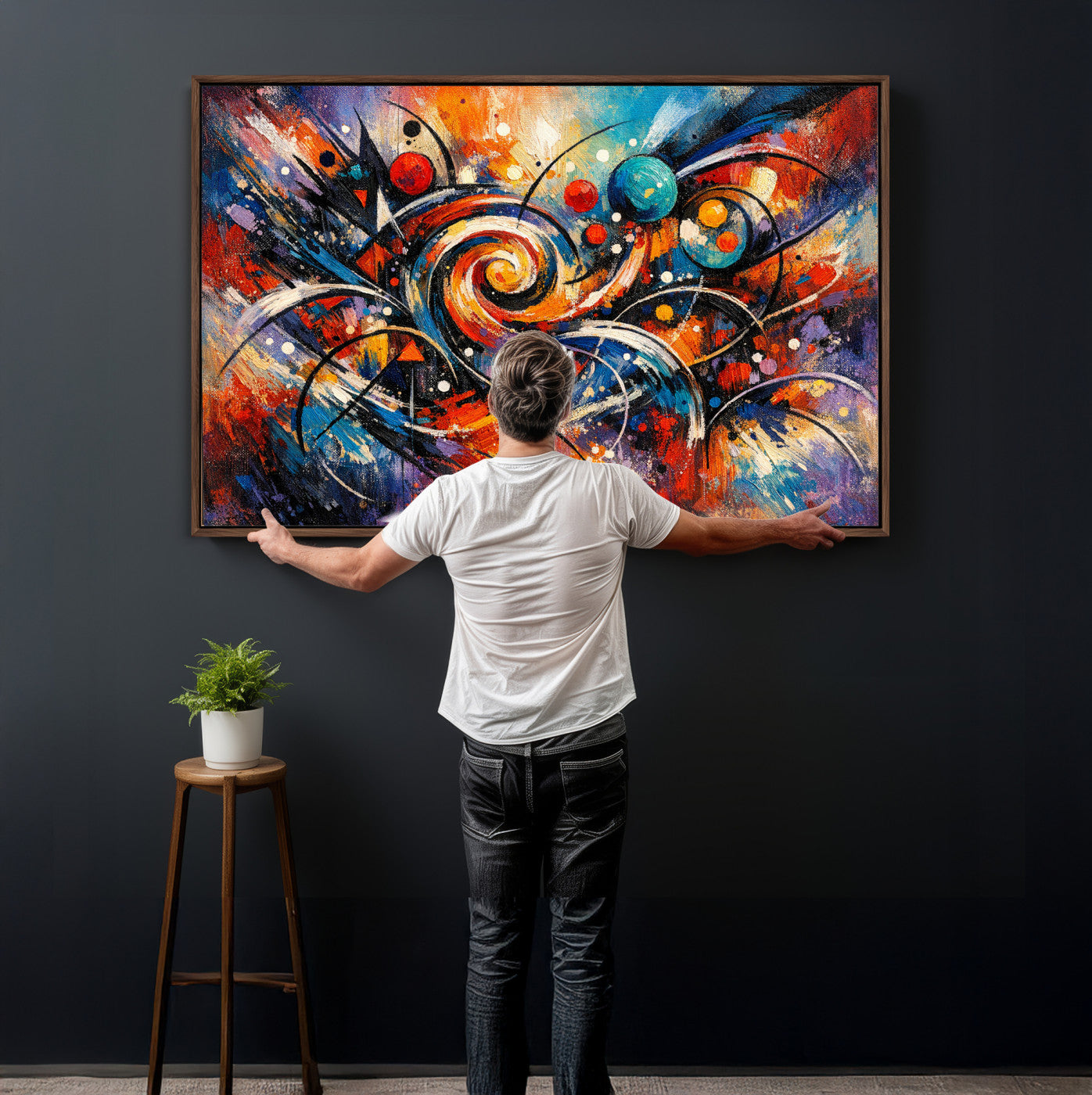 60193267-MGV-CV-36X24 - Geometric Abstract Wall Art Canvas Print, Orange Blue Abstract Expressionist Painting Print, Modern Geometric Abstract Canvas Art