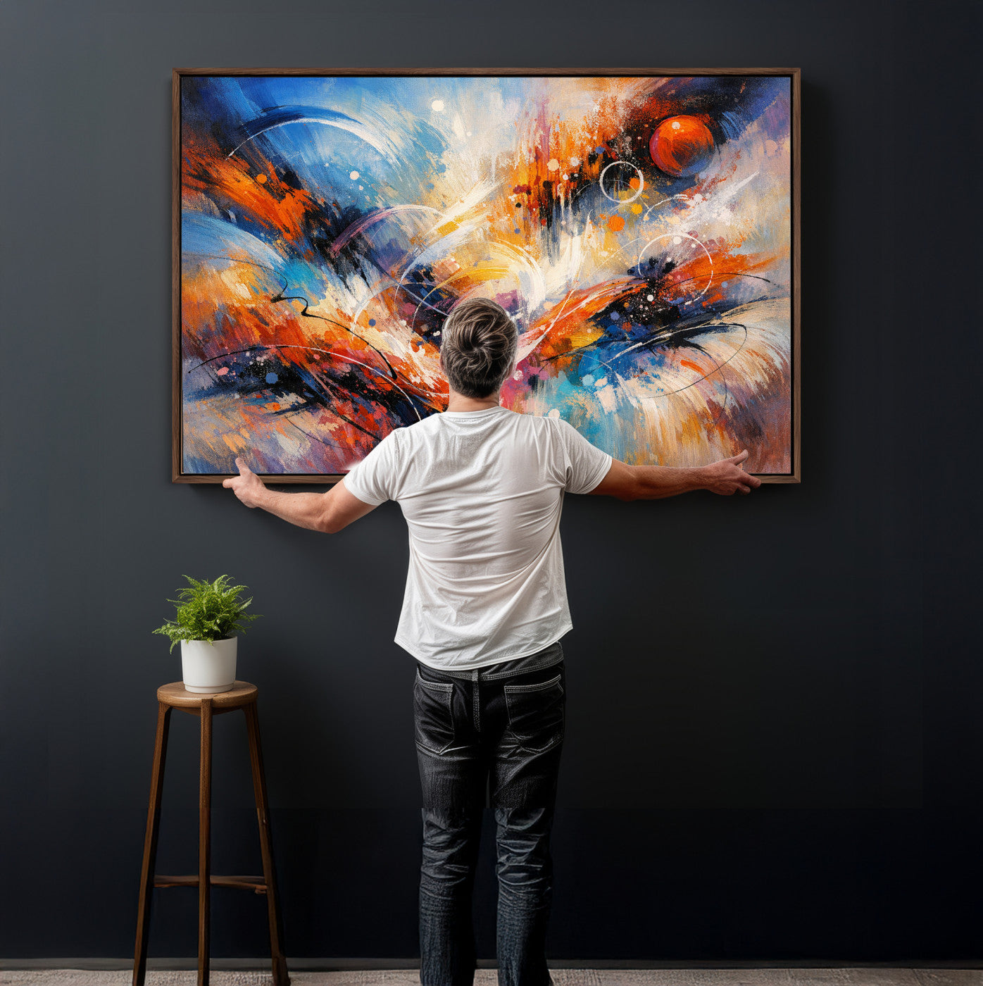 47770355-MGV-CV-36X24 - Geometric Abstract Wall Art Canvas Print, Orange Blue Abstract Expressionist Painting Print, Modern Geometric Abstract Canvas Art