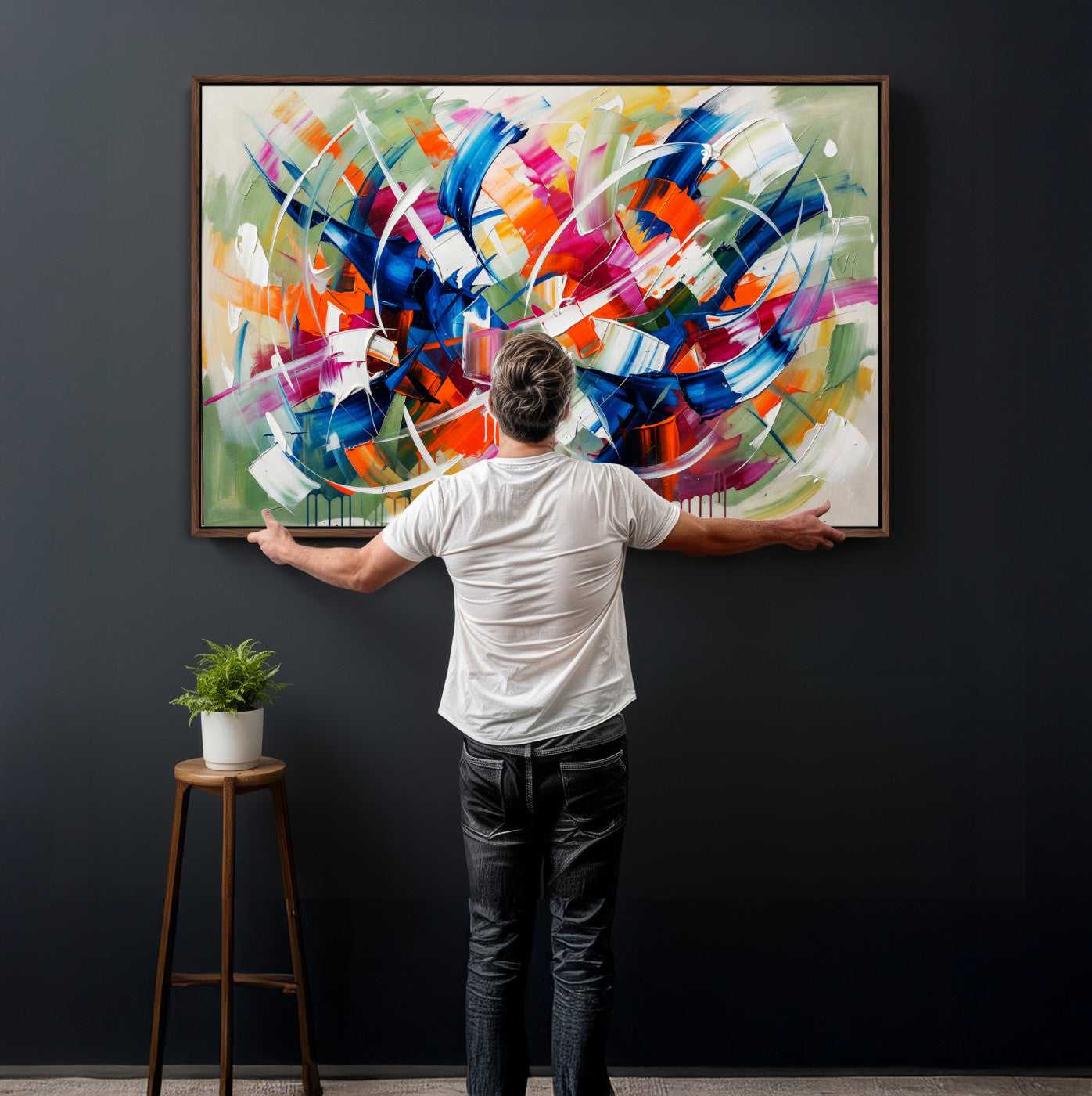 15032888-MGV-CV-36X24 - Geometric Abstract Wall Art Canvas Print, Orange Blue Abstract Expressionist Painting Print, Modern Geometric Abstract Canvas Art