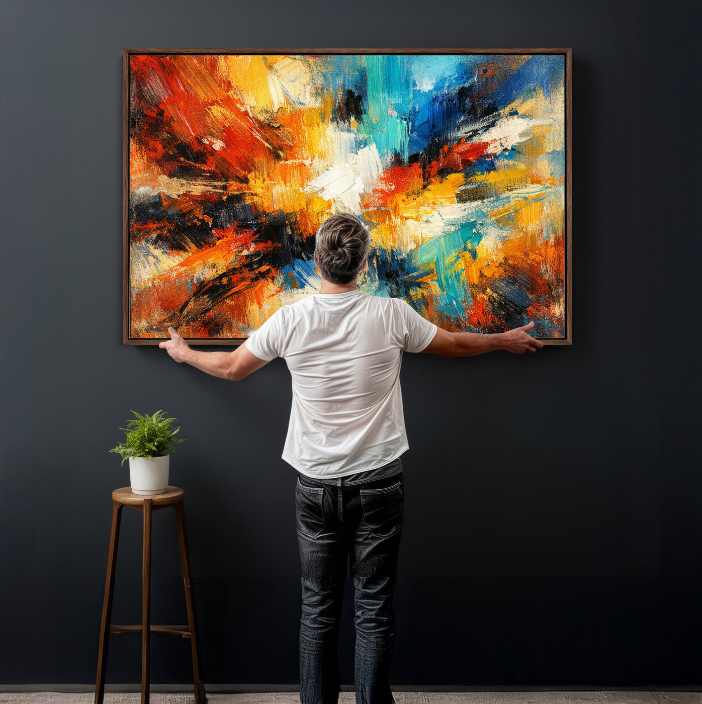 93167583-MGV-CV-36X24 - Geometric Abstract Wall Art Canvas Print, Orange Blue Abstract Expressionist Painting Print, Modern Geometric Abstract Canvas Art