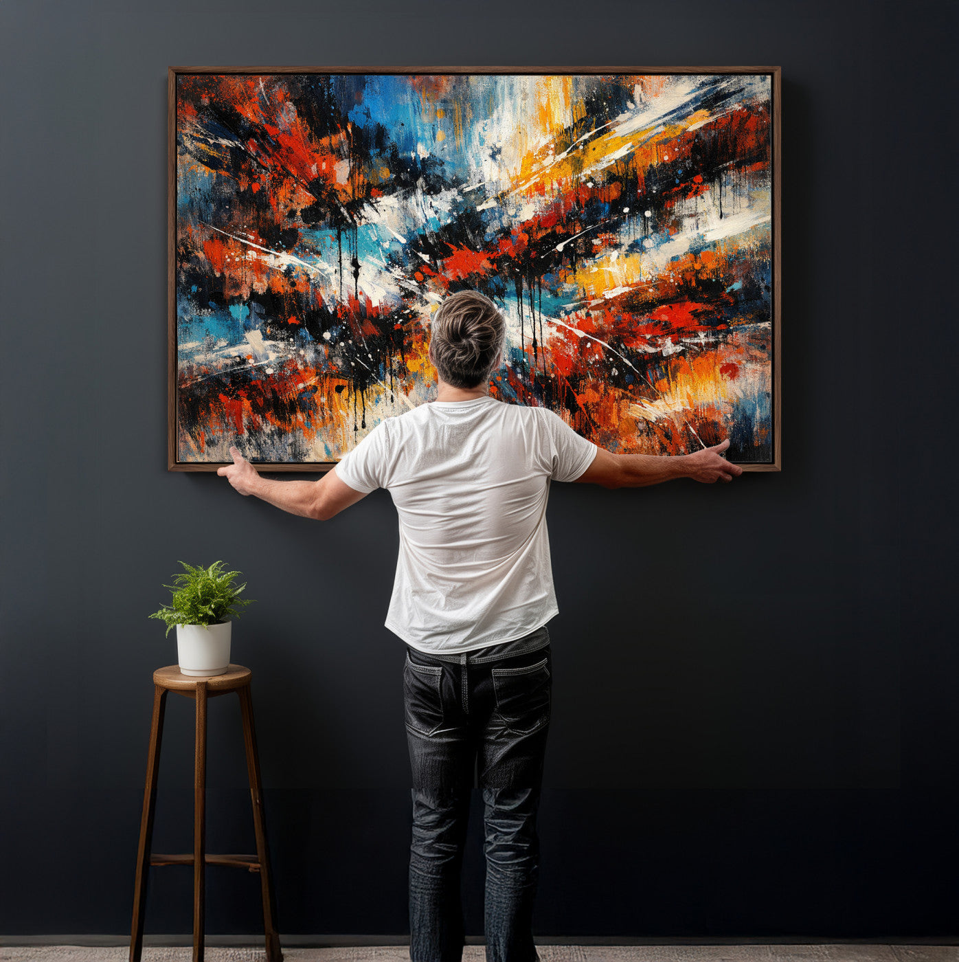 80276069-MGV-CV-36X24 - Geometric Abstract Wall Art Canvas Print, Orange Blue Abstract Expressionist Painting Print, Modern Geometric Abstract Canvas Art