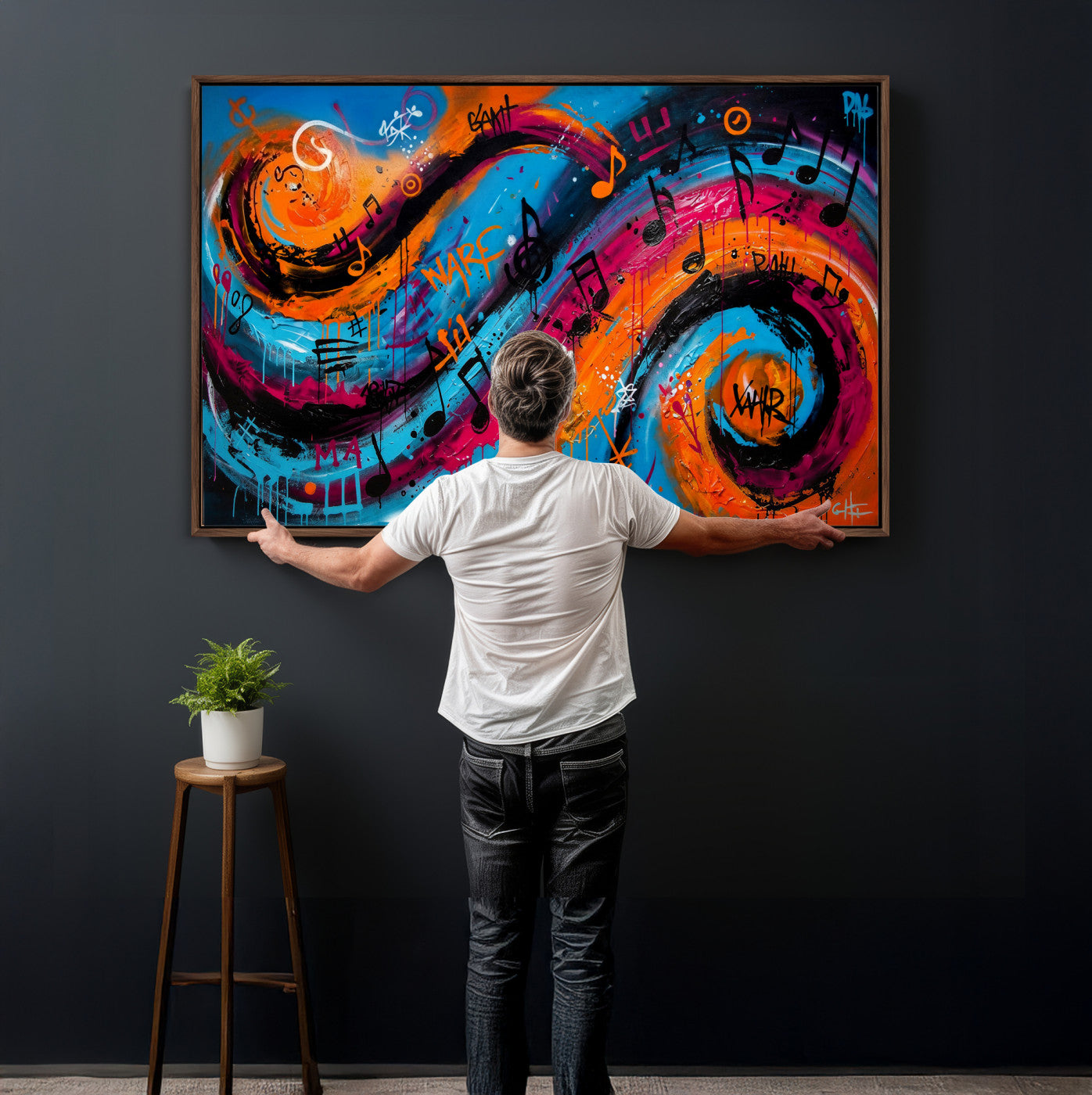 34936518-MGV-CV-36X24 - Geometric Abstract Wall Art Canvas Print, Orange Blue Abstract Expressionist Painting Print, Modern Geometric Abstract Canvas Art