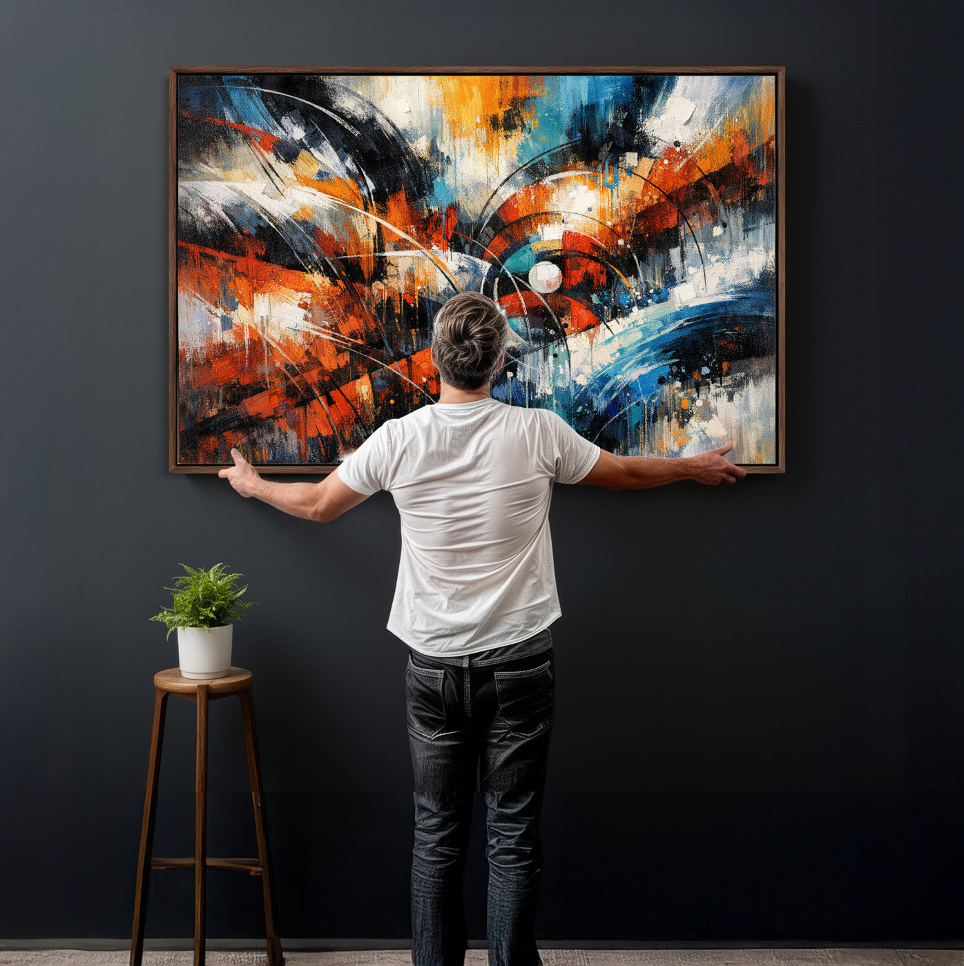 47120691-MGV-CV-36X24 - Geometric Abstract Wall Art Canvas Print, Orange Blue Abstract Expressionist Painting Print, Modern Geometric Abstract Canvas Art