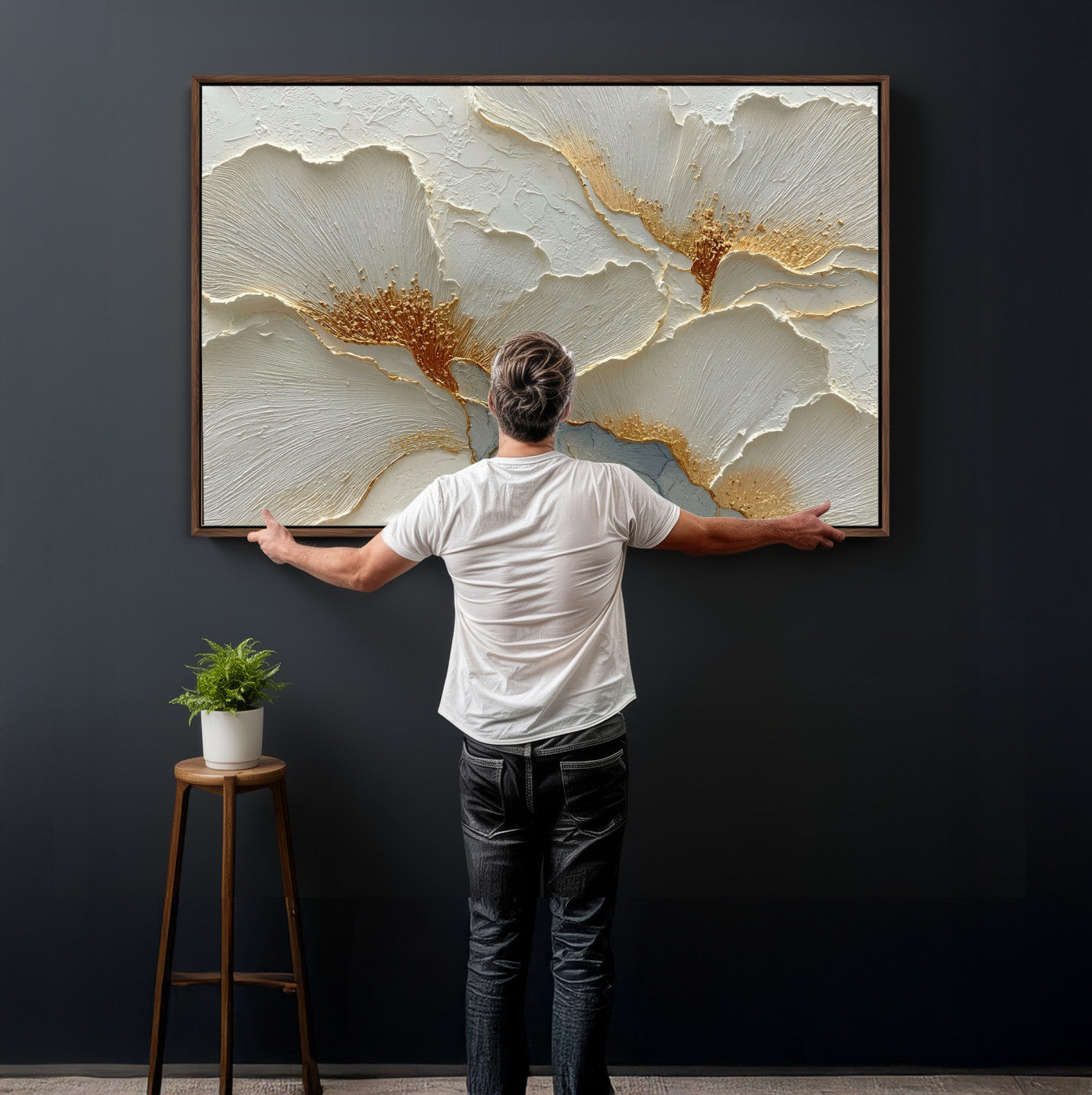 4712069F1-MGV-CV-36X24 - White Gold Floral Canvas Wall Art — Textured Flower Print | Luxury Botanical Decor | Elegant Bedroom Art | Gold Leaf Wall Art Gift