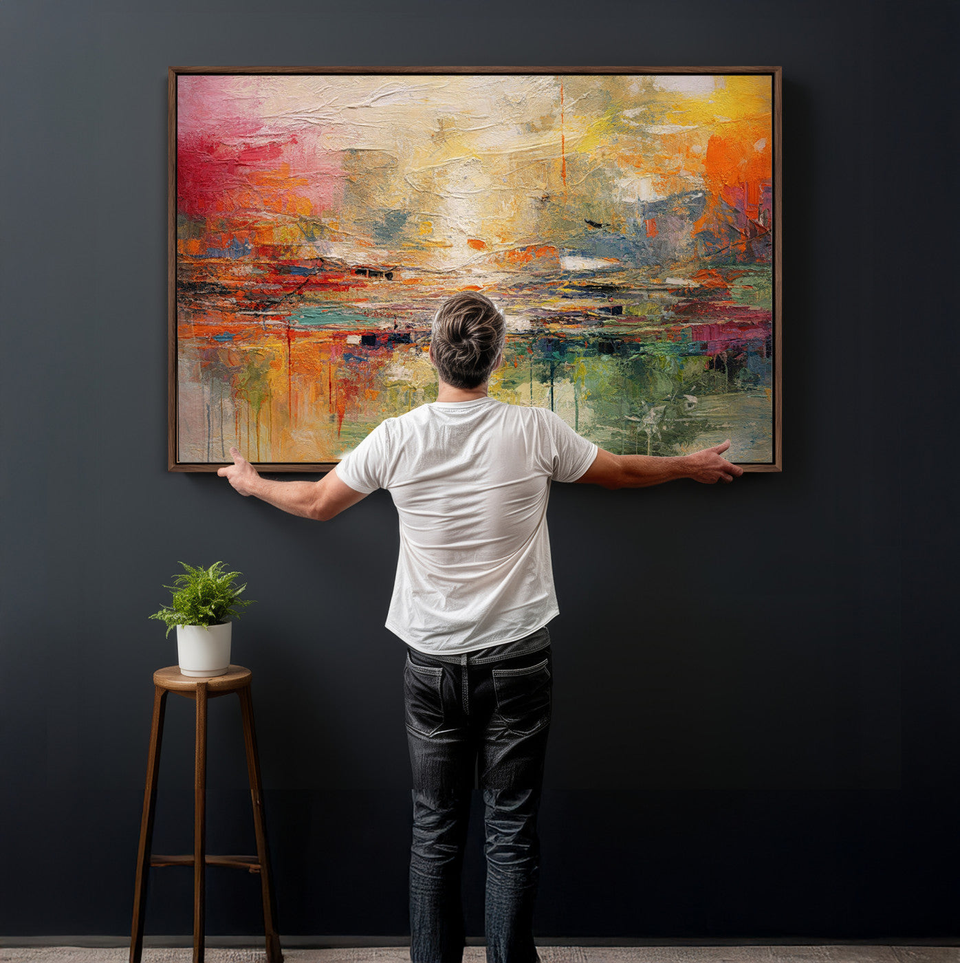 4712069P1-MGV-CV-36X24 - Colorful Abstract Canvas Wall Art — Large Textured Oil Painting Style Print | Orange Red Boho Wall Decor | Modern Living Room Art | Bold Wall Art