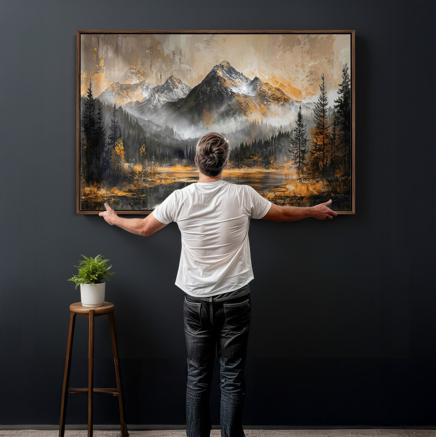 4712069D1-MGV-CV-36X24 - Mountain Lake Canvas Wall Art — Rustic Forest Landscape Print | Gold Grey Nature Decor | Cabin Wall Art | Large Wilderness Art Print Gift