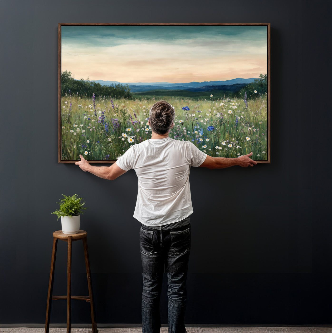 35773805-MGV-CV-36X24 - Wildflower Meadow Oil Painting Canvas — Daisy Lavender Mountain Sunset Print | Cottagecore Floral Wall Art | Bedroom Decor Gift for Her