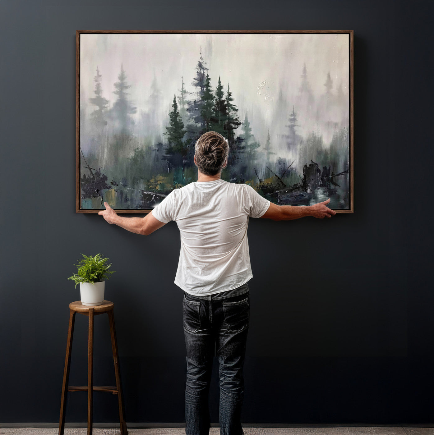 94143325-MGV-CV-36X24 - Misty Pine Forest Oil Painting Canvas — Dark Moody Teal Grey Tree Print | Japandi Scandinavian Wall Art | Minimalist Nature Decor Gift
