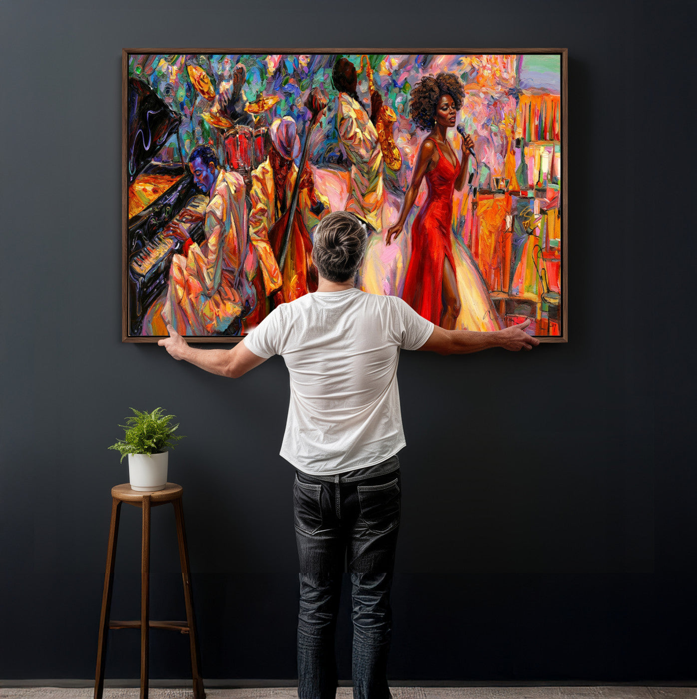 72615137-MGV-CV-36X24 - African American Jazz Singer Canvas Art - Red Dress Black Woman Music Print | Colorful Jazz Band Wall Decor | Living Room Gift for Her