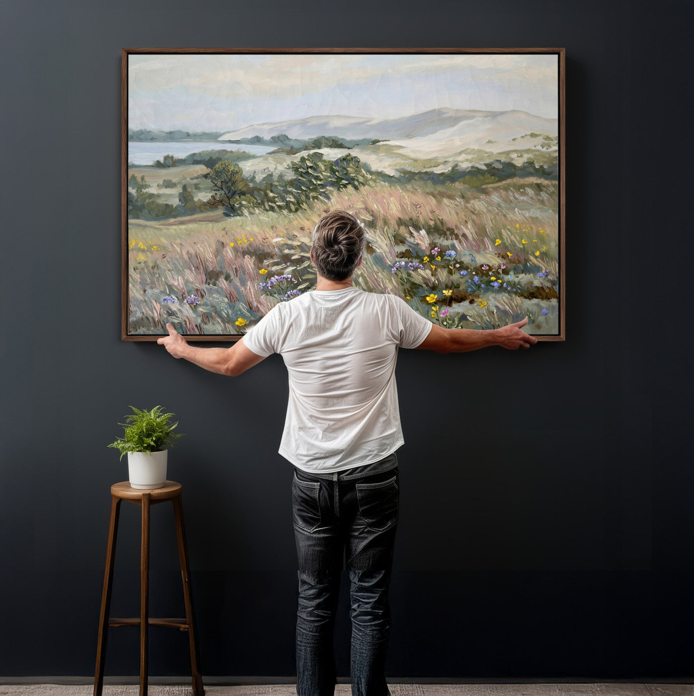 18013232-MGV-CV-36X24 - Katie Staples Hillside Canvas Wall Art — Coastal Wildflower Dune Oil Painting Print | Muted Green Nature Decor | Plein Air Landscape Gift