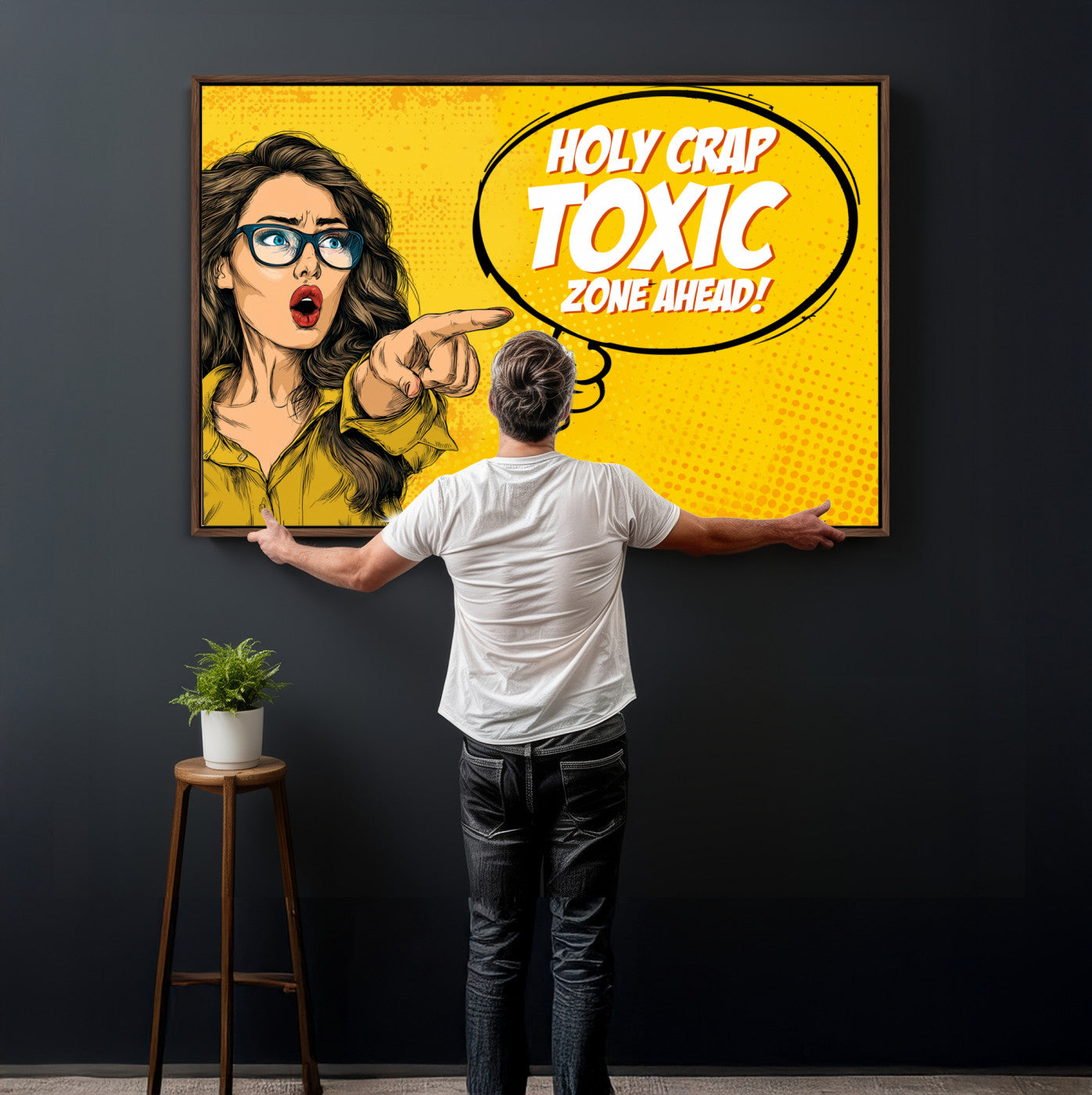 79751885-MGV-CV-36X24 - Pop Art Print Bathroom Sign Wall Art Canvas Print — Funny Bathroom Canvas | Comic Style Toilet Wall Decor | Humor Gift | Yellow Bold Bathroom Art